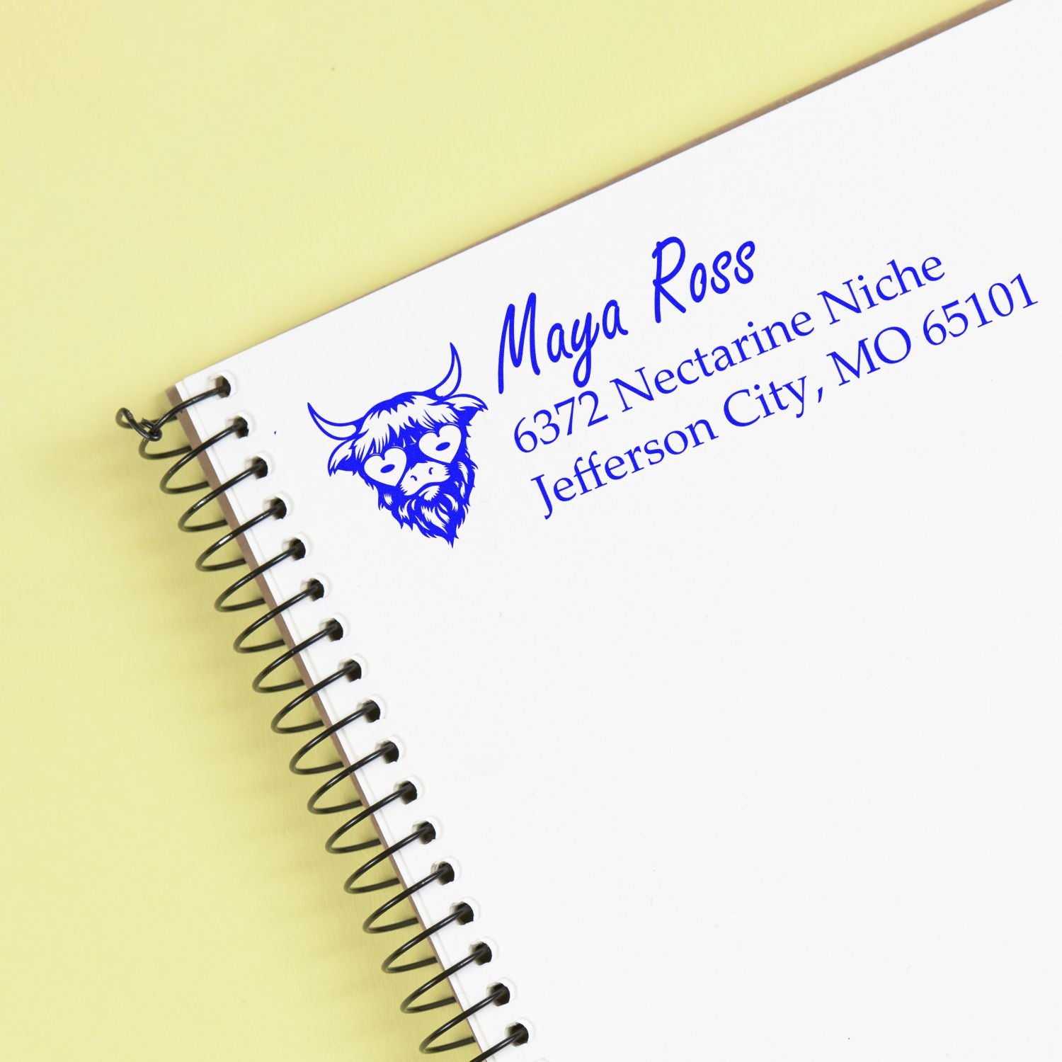Custom llama address rubber stamp on spiral notebook with Maya Ross, Jefferson City, MO return address.