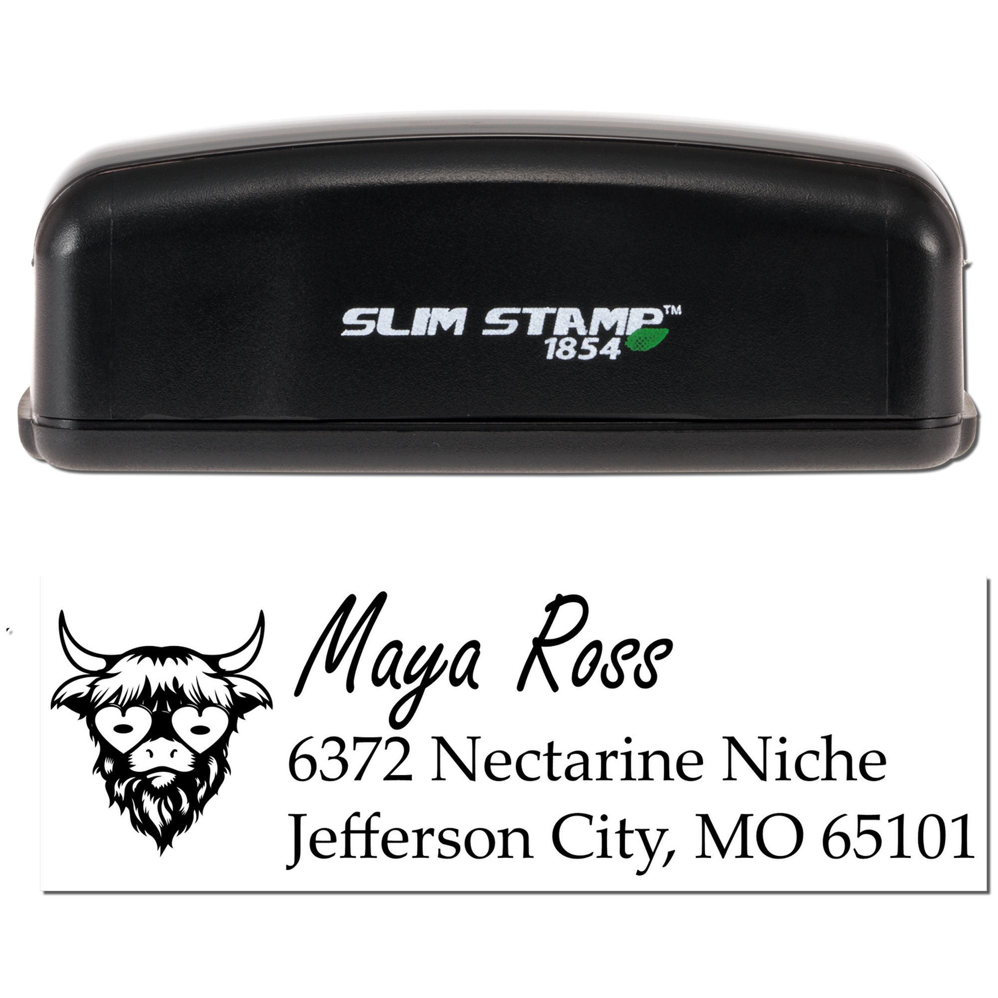 Custom address rubber stamp with logo, showing Slim Stamp 1854 self-inking stamp and personalized Maya Ross address imprint.