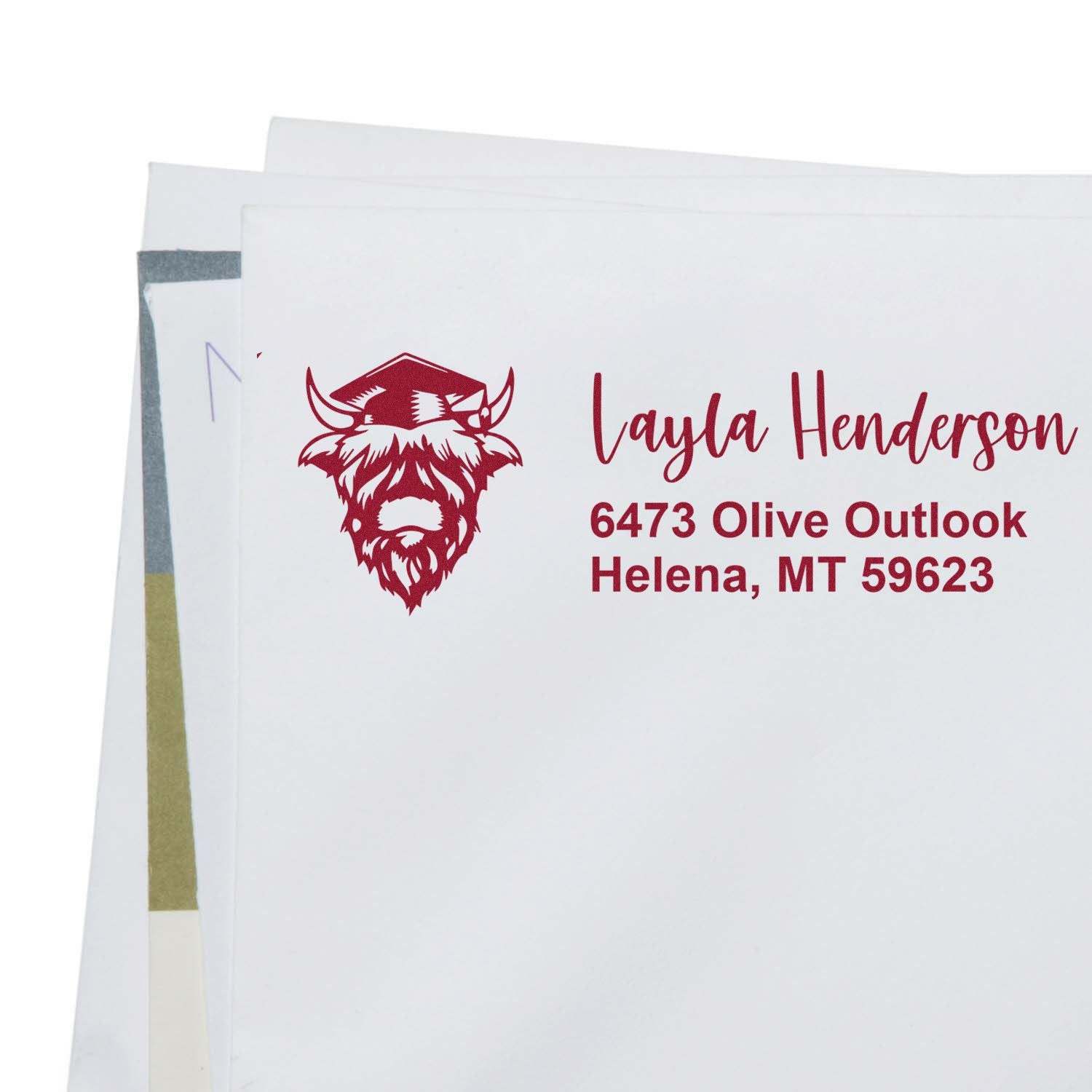 Personalized return address rubber stamp with buffalo logo for Layla Henderson, Helena, MT