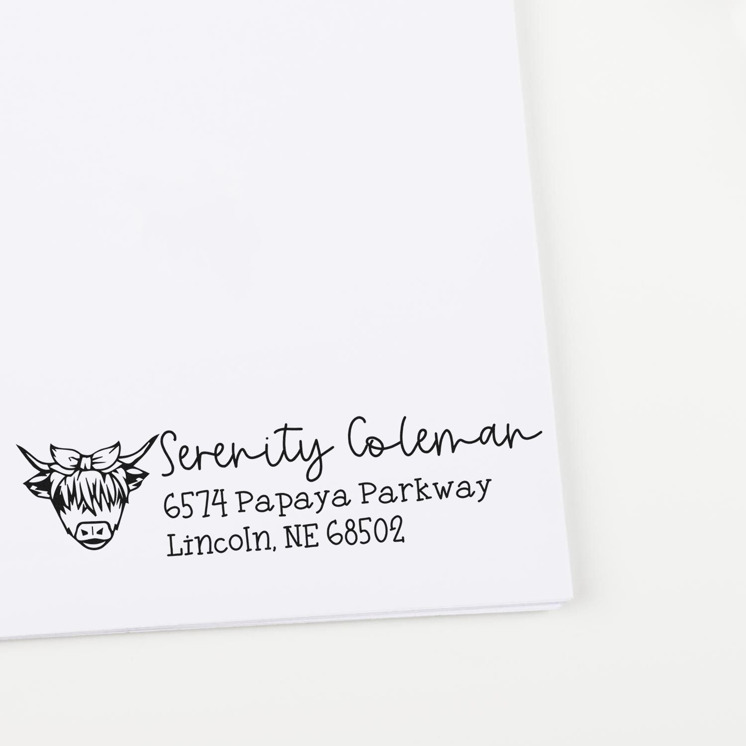Custom rubber address stamp with cow logo for Serenity Coleman, Lincoln, NE return mailing imprint