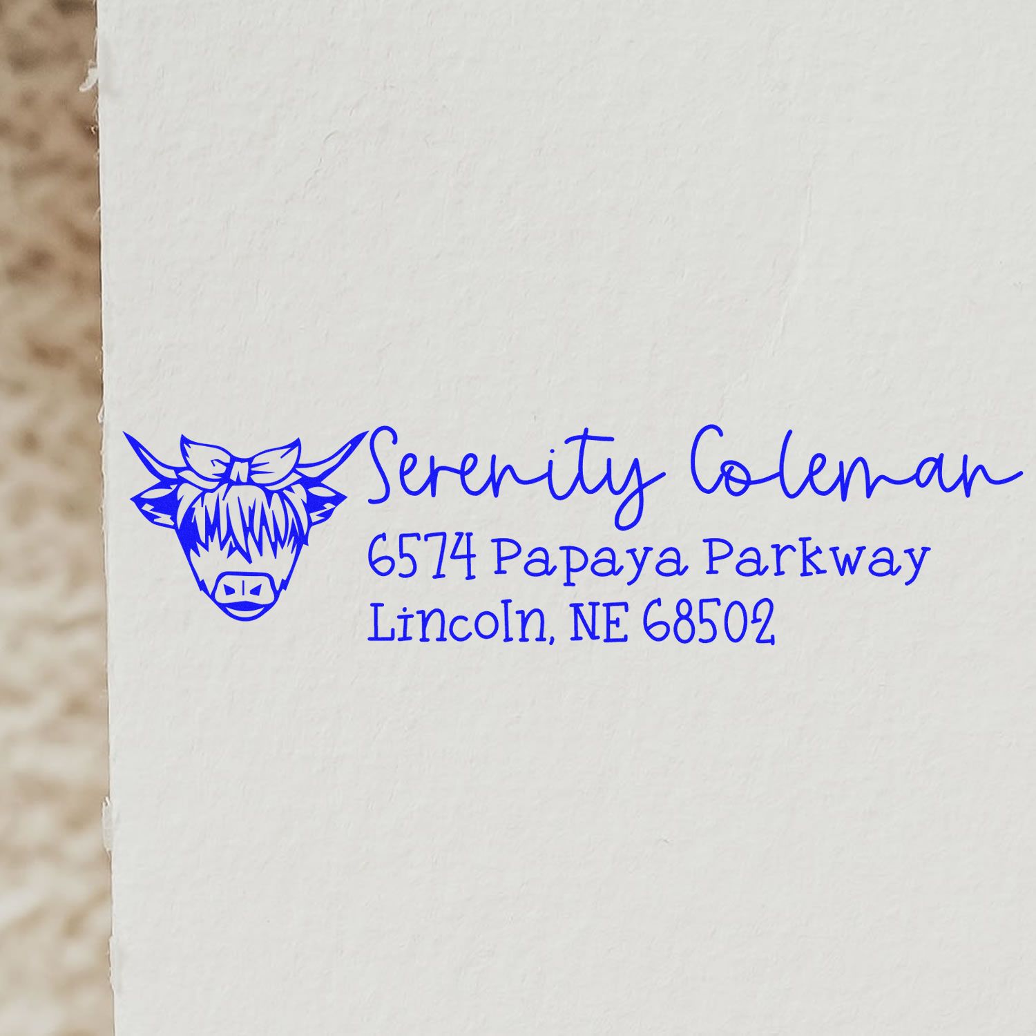 Custom return address rubber stamp with cow logo for Serenity Coleman, 6574 Papaya Parkway, Lincoln, NE 68502.