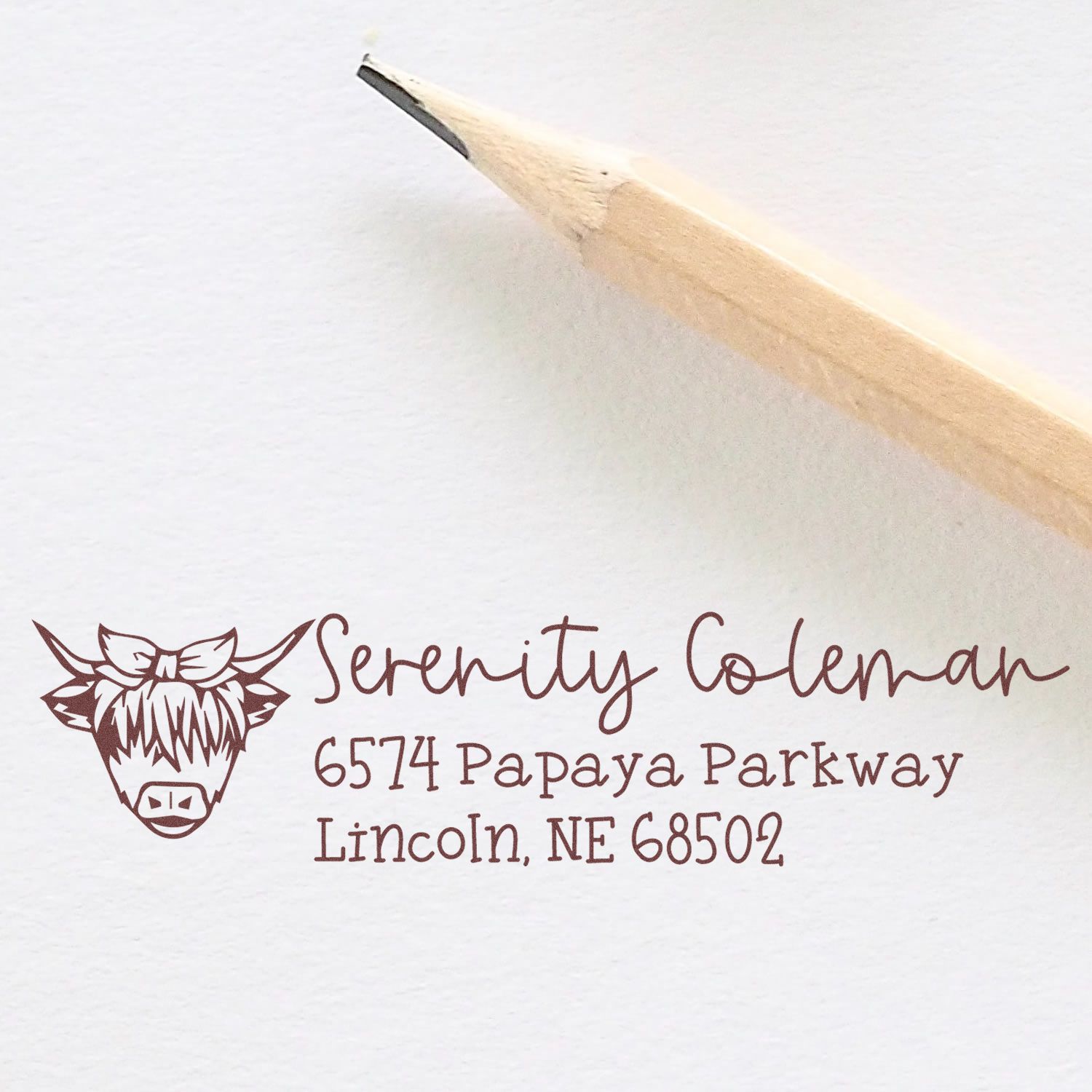 Custom return address rubber stamp with cow logo for Serenity Coleman, 6574 Papaya Parkway, Lincoln, NE 68502