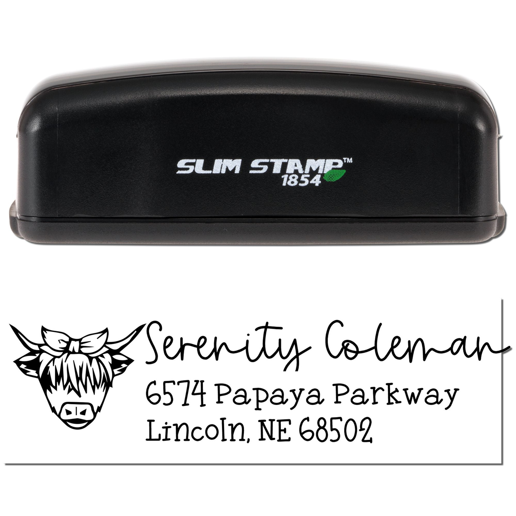 Custom self-inking rubber address stamp with bull logo for Serenity Coleman, Lincoln, NE 68502