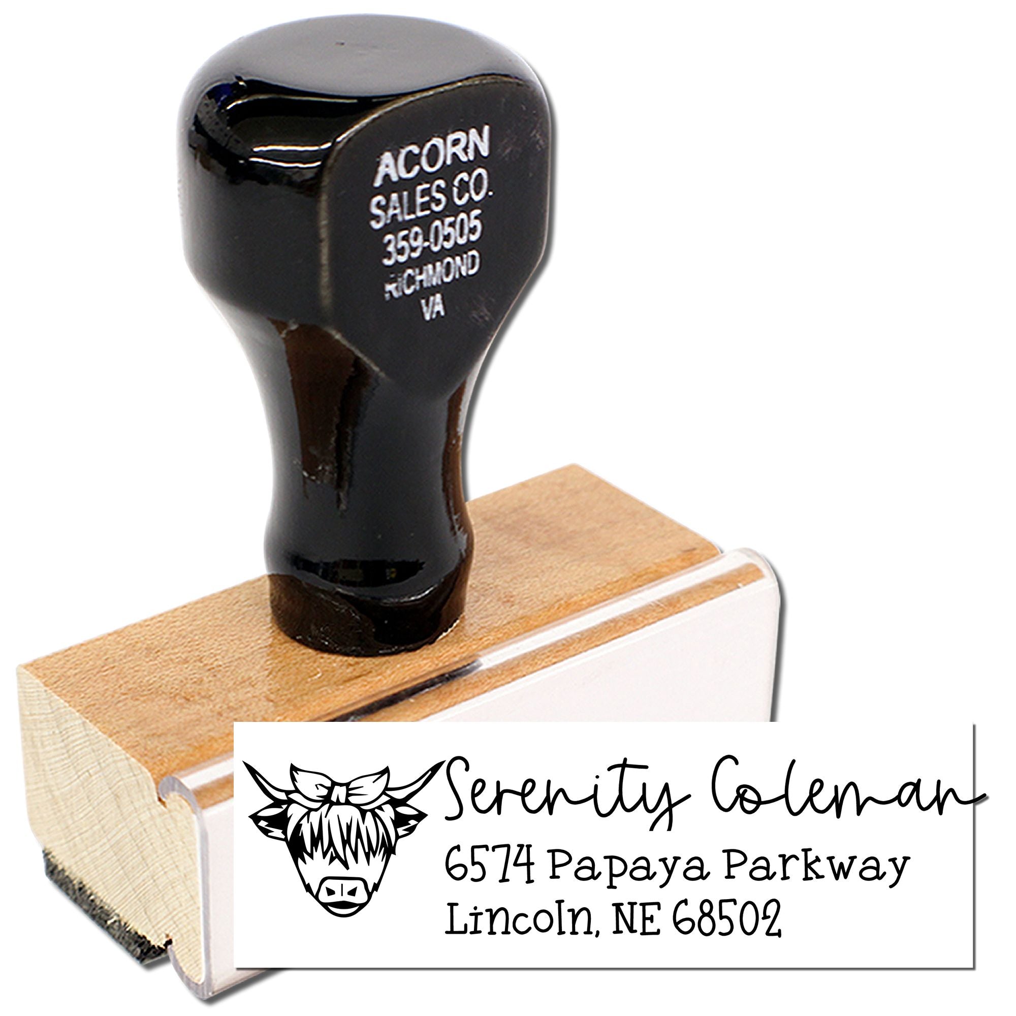 Custom rubber address stamp with logo and return address for branding envelopes, mailers and packaging.