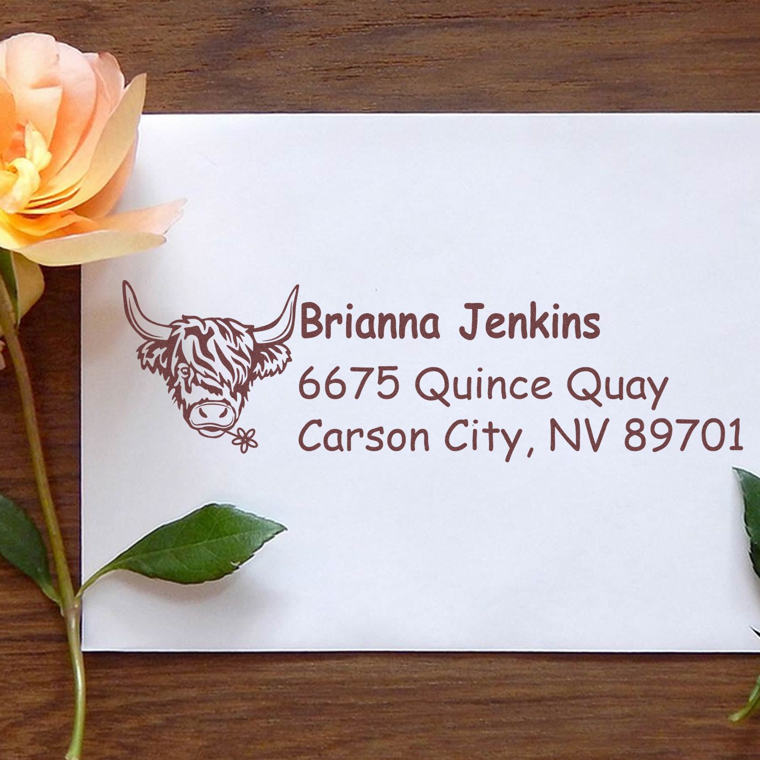 Personalized Highland cow return address rubber stamp with Brianna Jenkins name and Carson City, NV address.