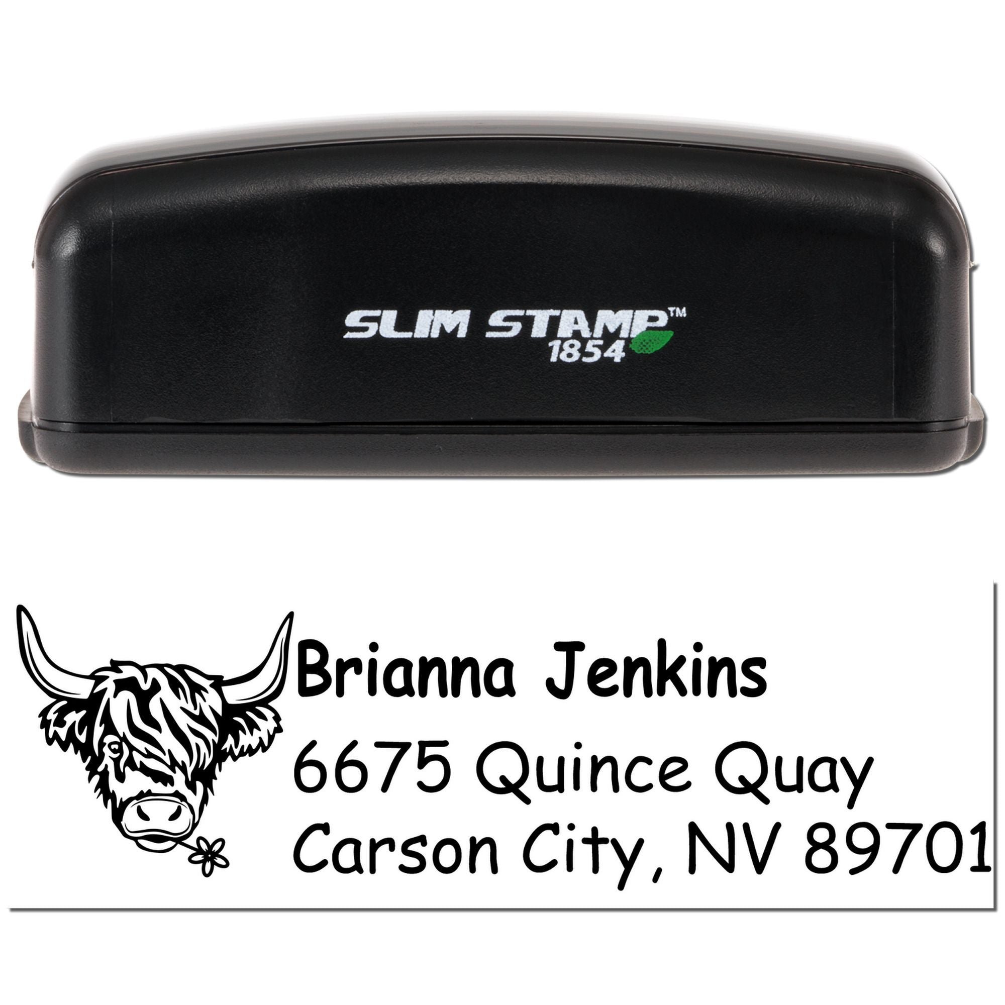 Custom Slim Stamp 1854 self-inking rubber stamp with cow logo and personalized address for Brianna Jenkins, Carson City NV