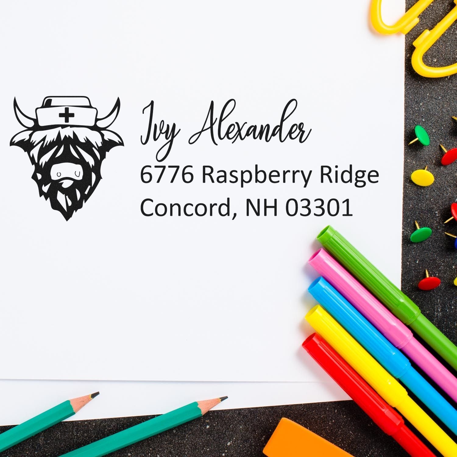 Personalized rubber return address stamp with cow nurse logo, name, and full address for custom stationery.