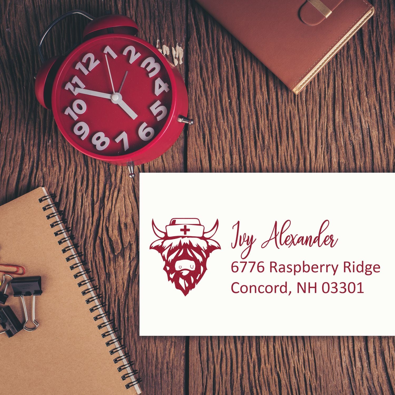 Custom return address rubber stamp with logo, name, and address for personal or business mailings