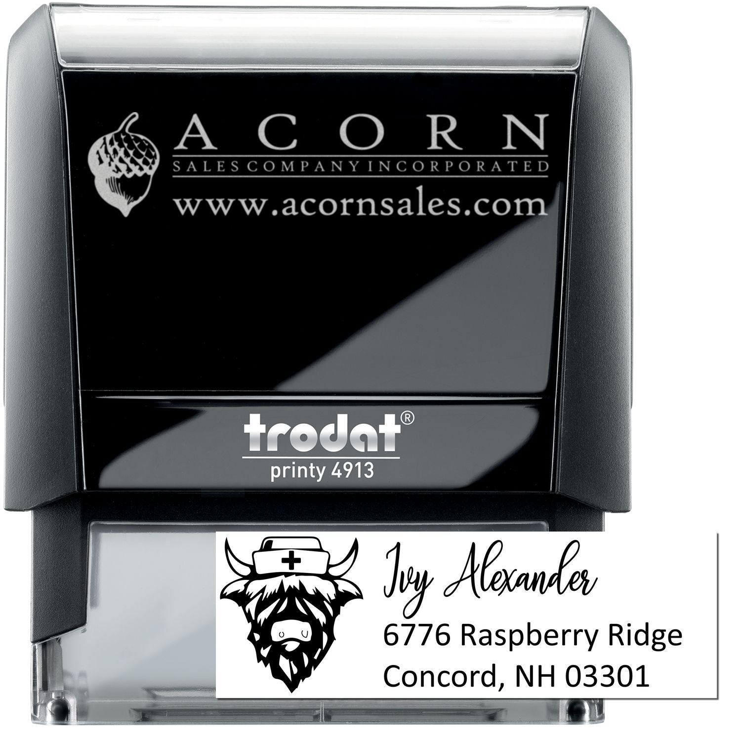 Custom self-inking Trodat Printy 4913 rubber stamp with logo and address for business or personal mailing.
