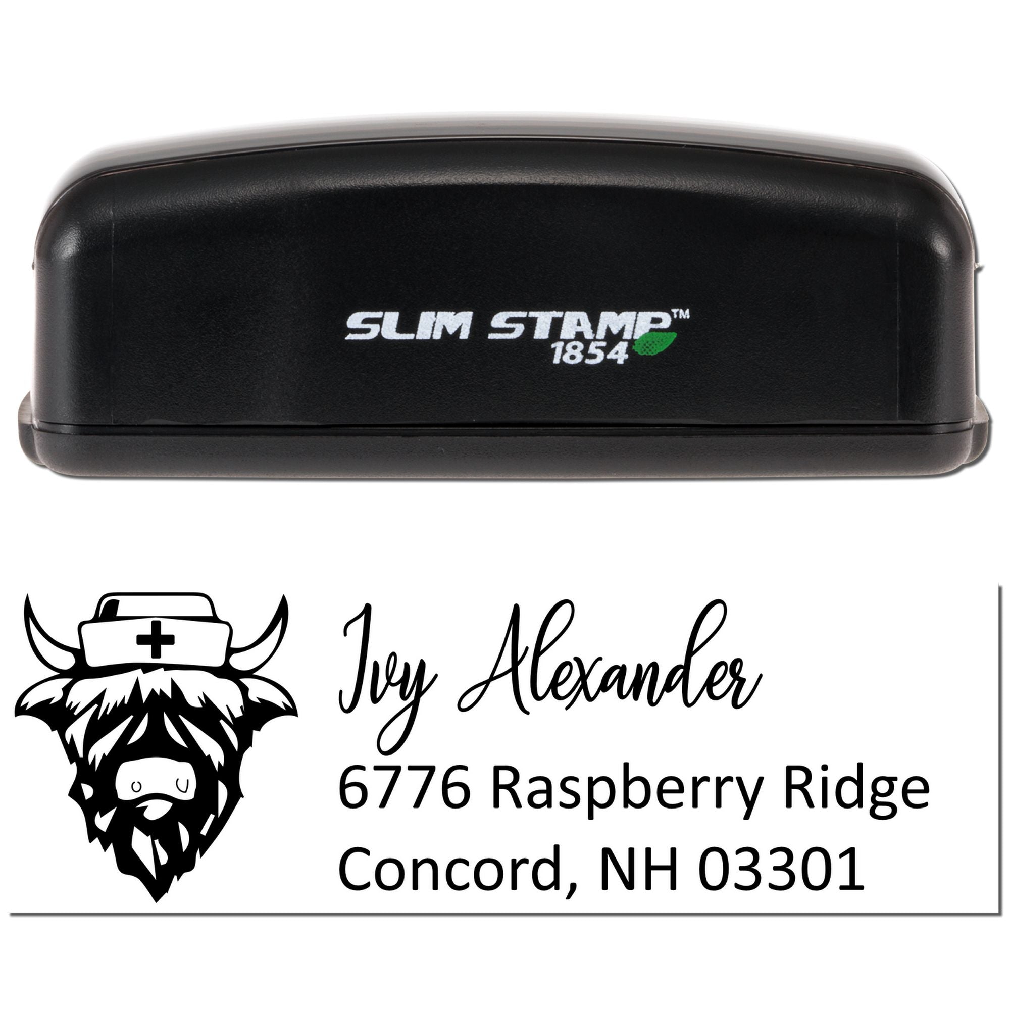 Personalized Slim Stamp 1854 custom address rubber stamp with farm veterinarian logo, name, and Concord, NH address.