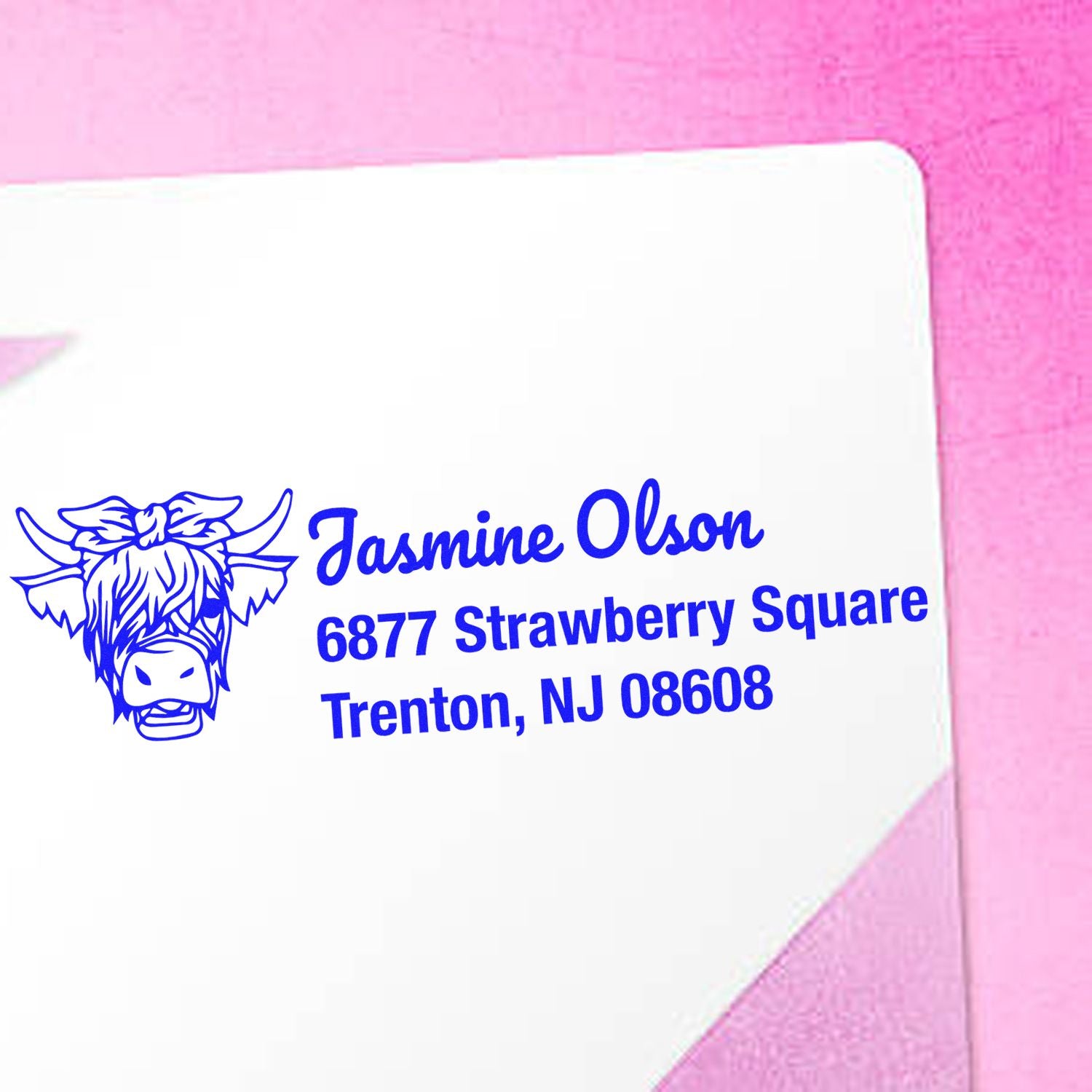 Custom rubber address stamp with cow logo for Jasmine Olson, 6877 Strawberry Square, Trenton, NJ 08608