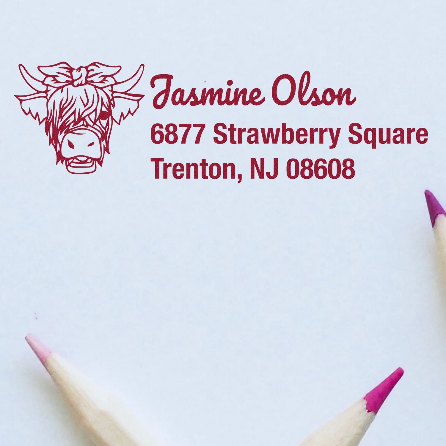 Custom rubber return address stamp with cow logo for Jasmine Olson, Trenton, NJ 08608.