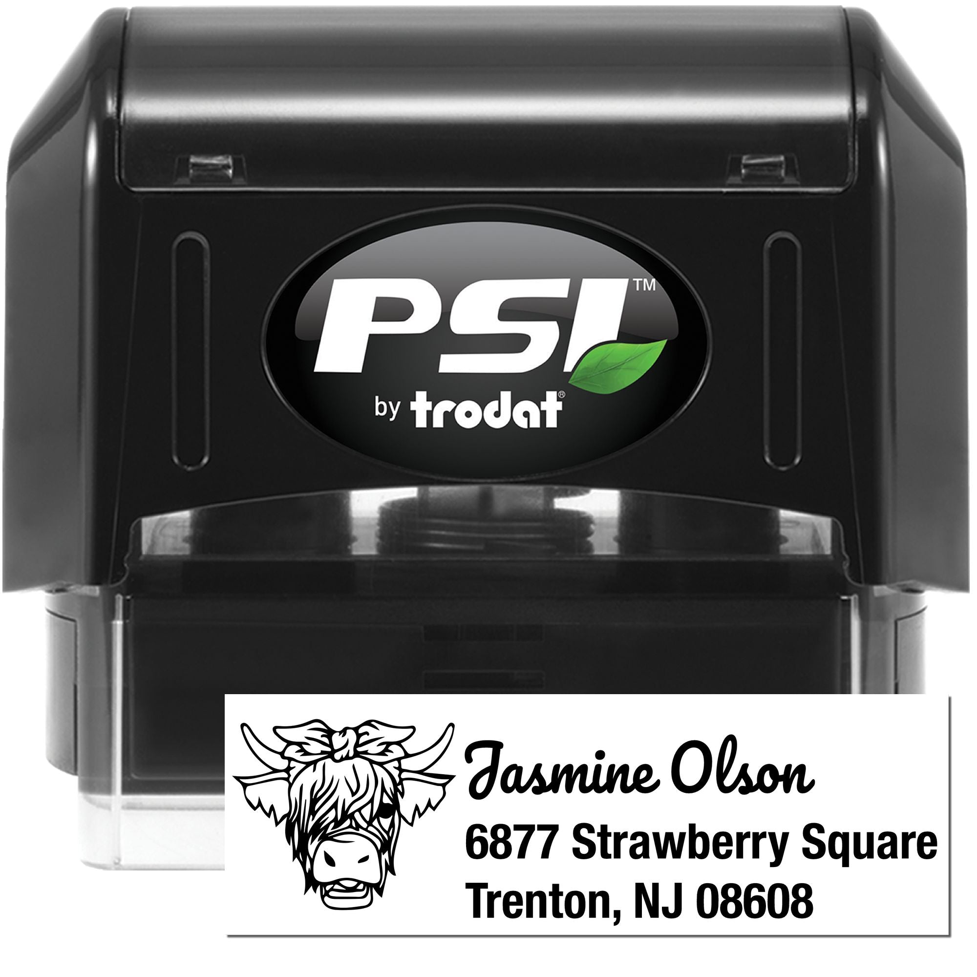 PSI by Trodat self-inking custom address rubber stamp with cow logo for business mailing and branding