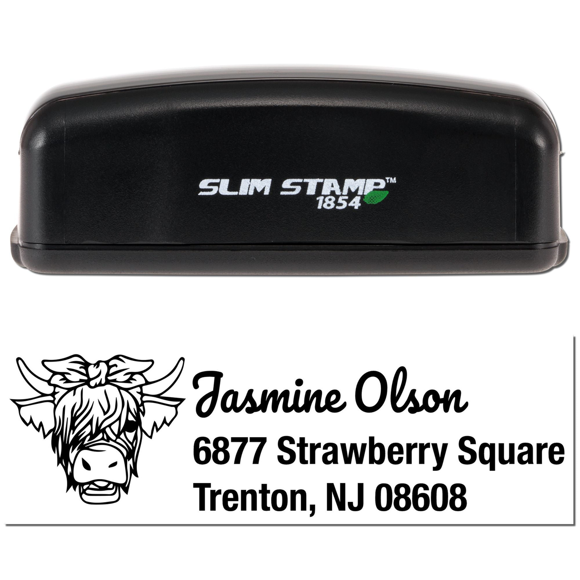 Custom self-inking rubber address stamp with cow illustration, showing Slim Stamp 1854 for Jasmine Olson, Trenton, NJ.