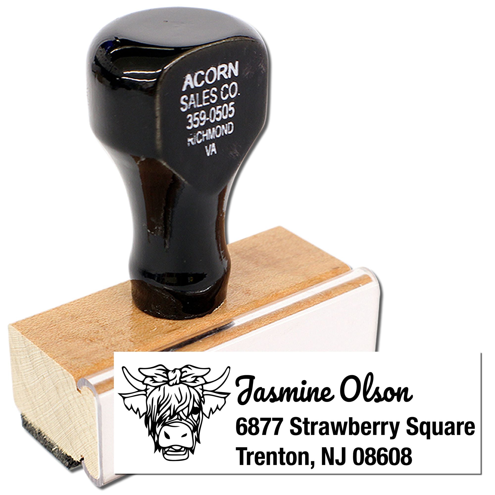 Personalized rubber stamp with cow logo and return address for Jasmine Olson, Trenton, NJ 08608.