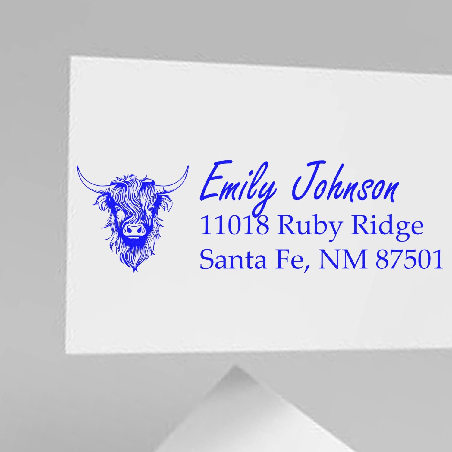 Personalized highland cow return address rubber stamp on envelope for Emily Johnson, Santa Fe, NM 87501