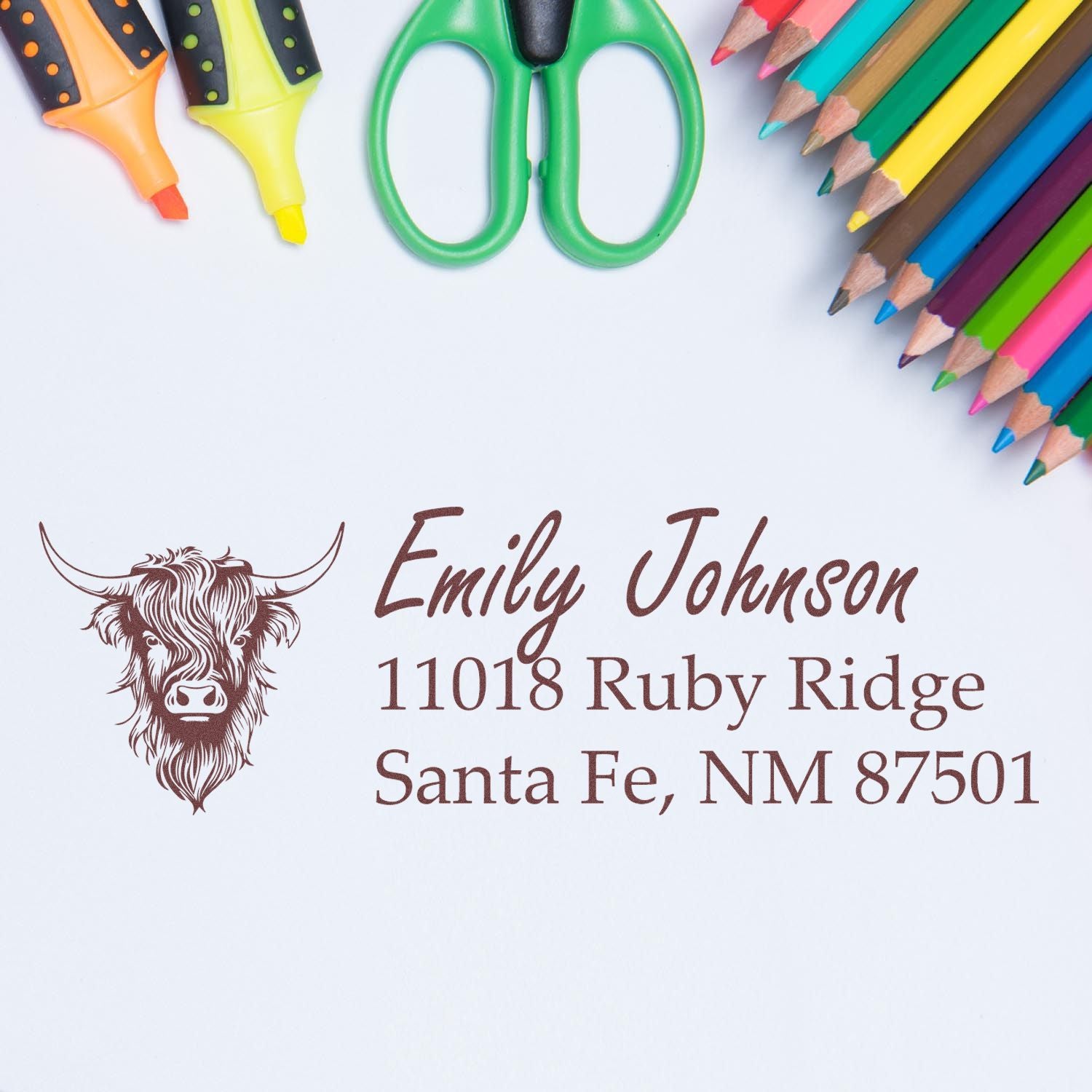 Custom return address rubber stamp with Highland cow design for Emily Johnson, Santa Fe, NM.