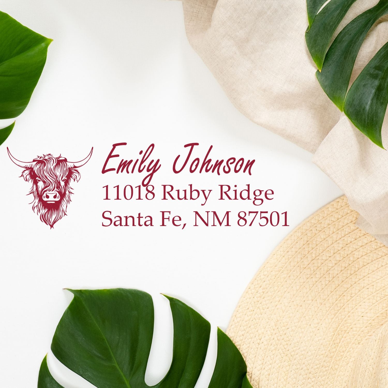 Custom Highland cow return address rubber stamp for Emily Johnson, Santa Fe, NM 87501