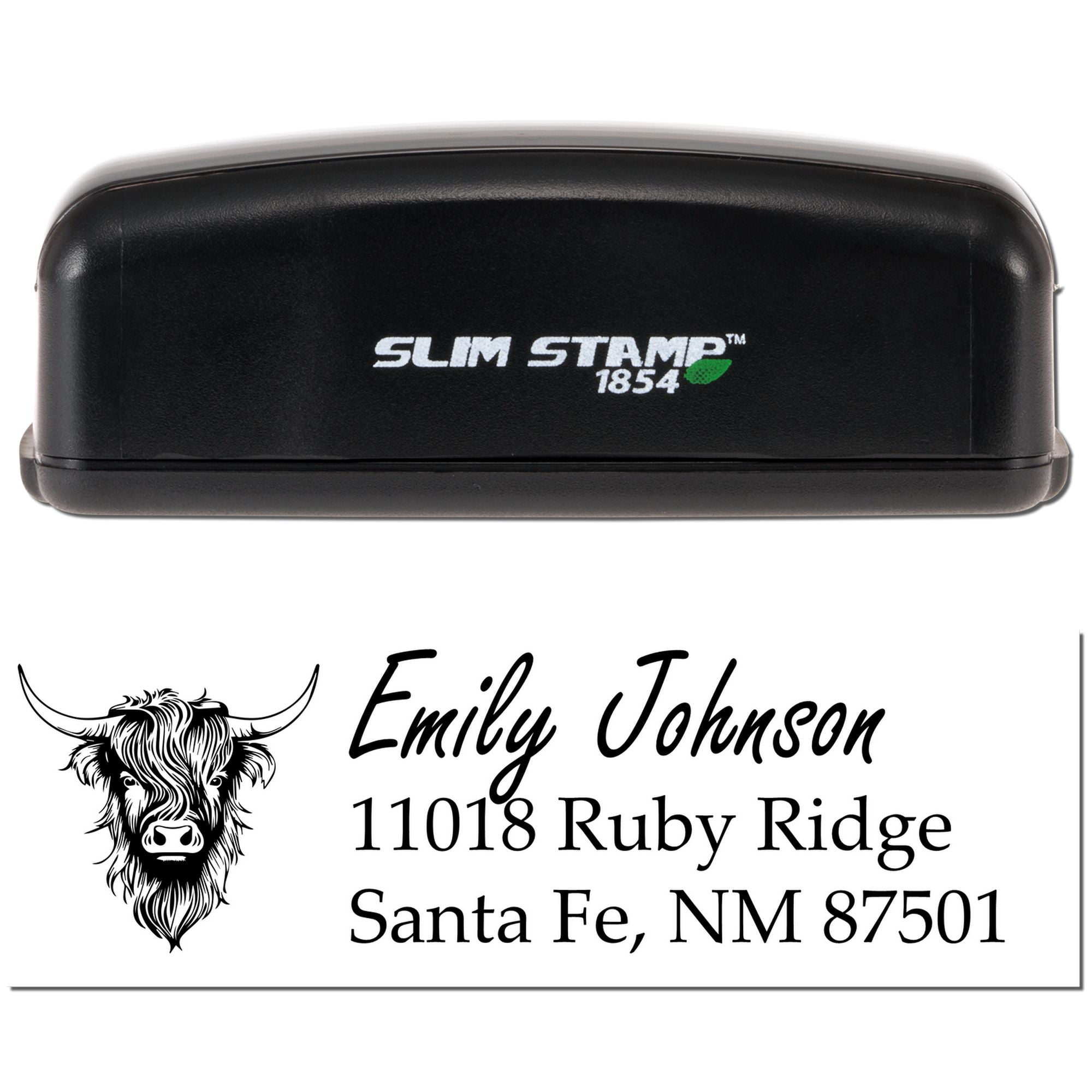 Custom address rubber stamp with cow logo for Emily Johnson, made on Slim Stamp 1854.