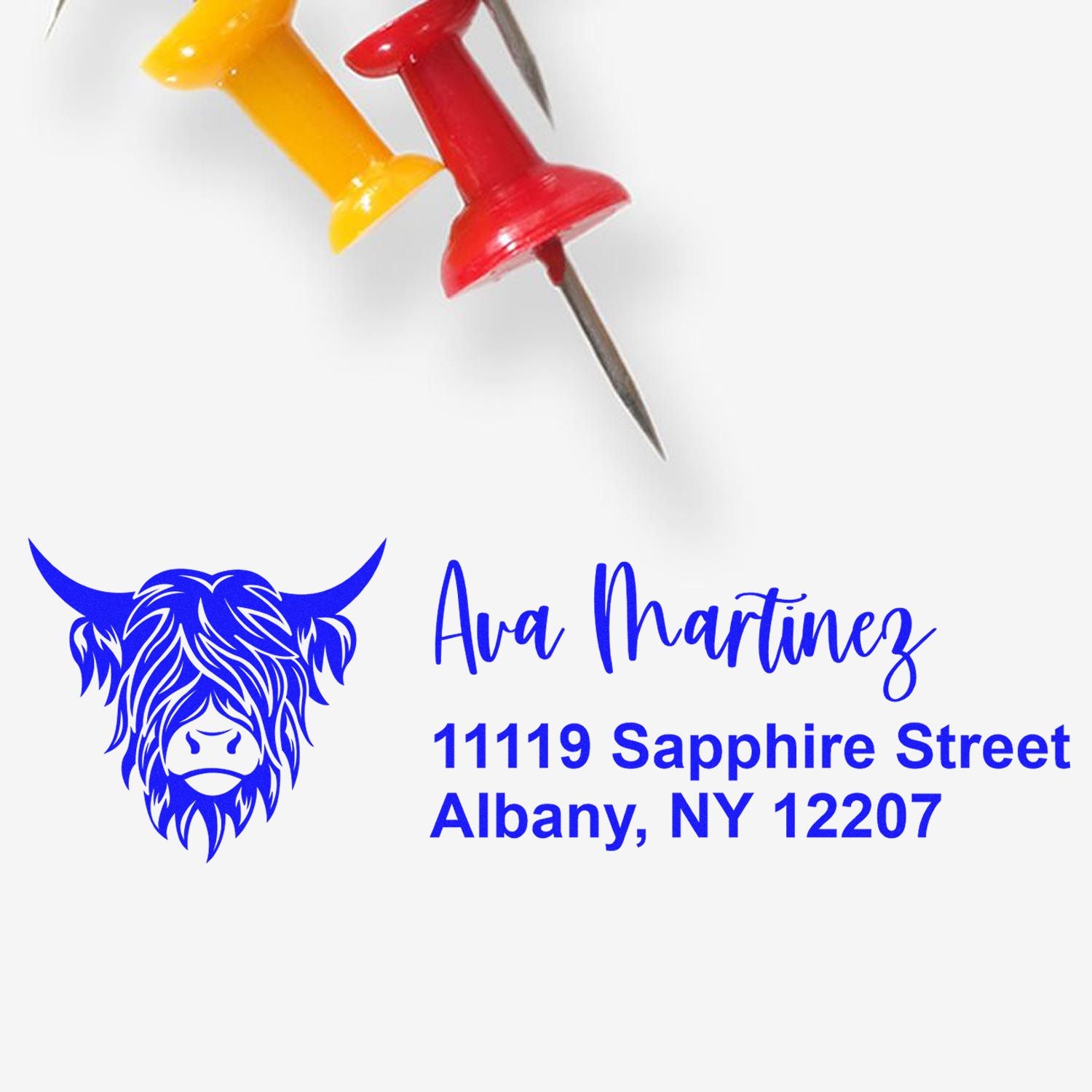 Custom rubber stamp design with Highland cow logo, name, and return address for personalized mailing.