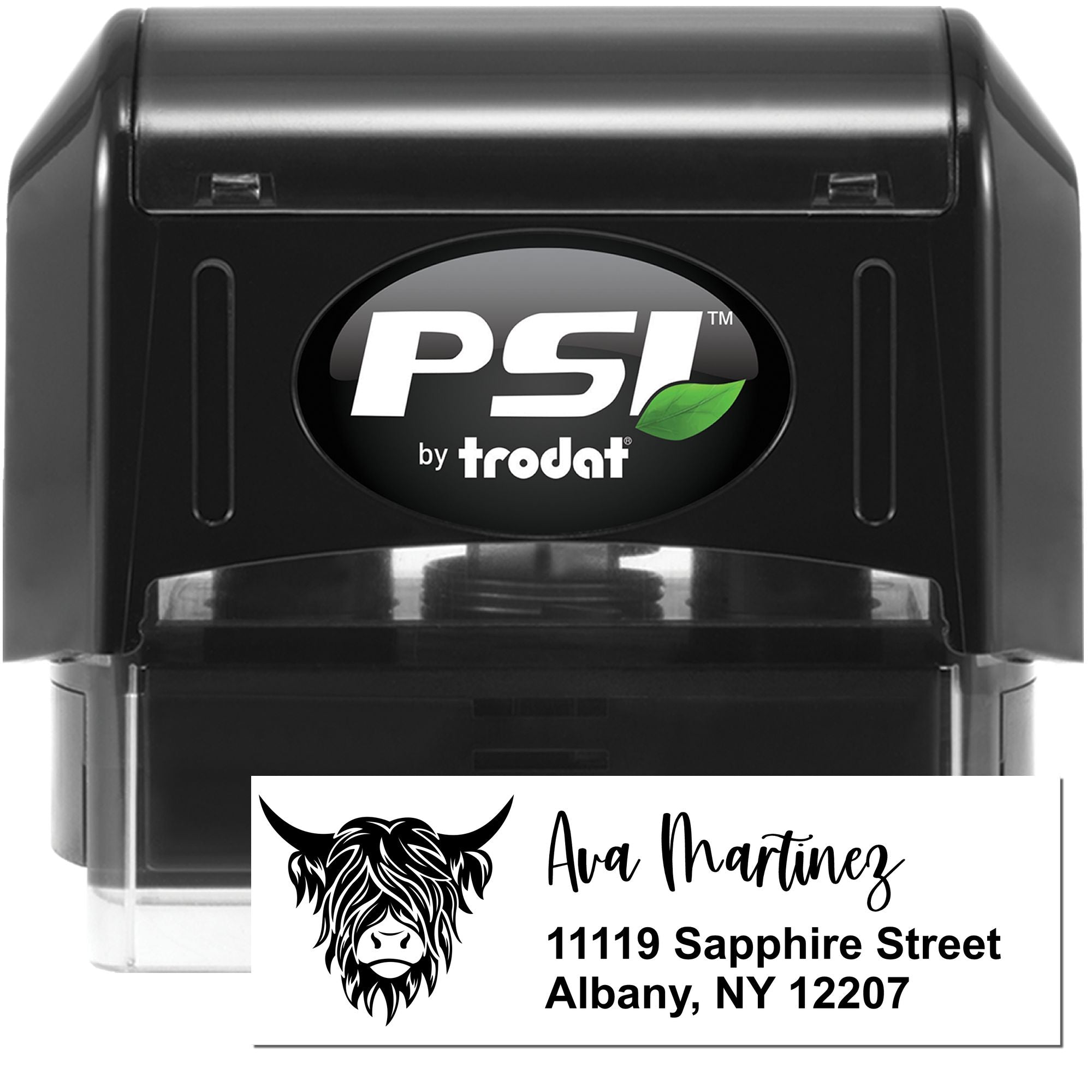 Custom self-inking rubber address stamp by PSI Trodat with personalized name, cow design, and return address.
