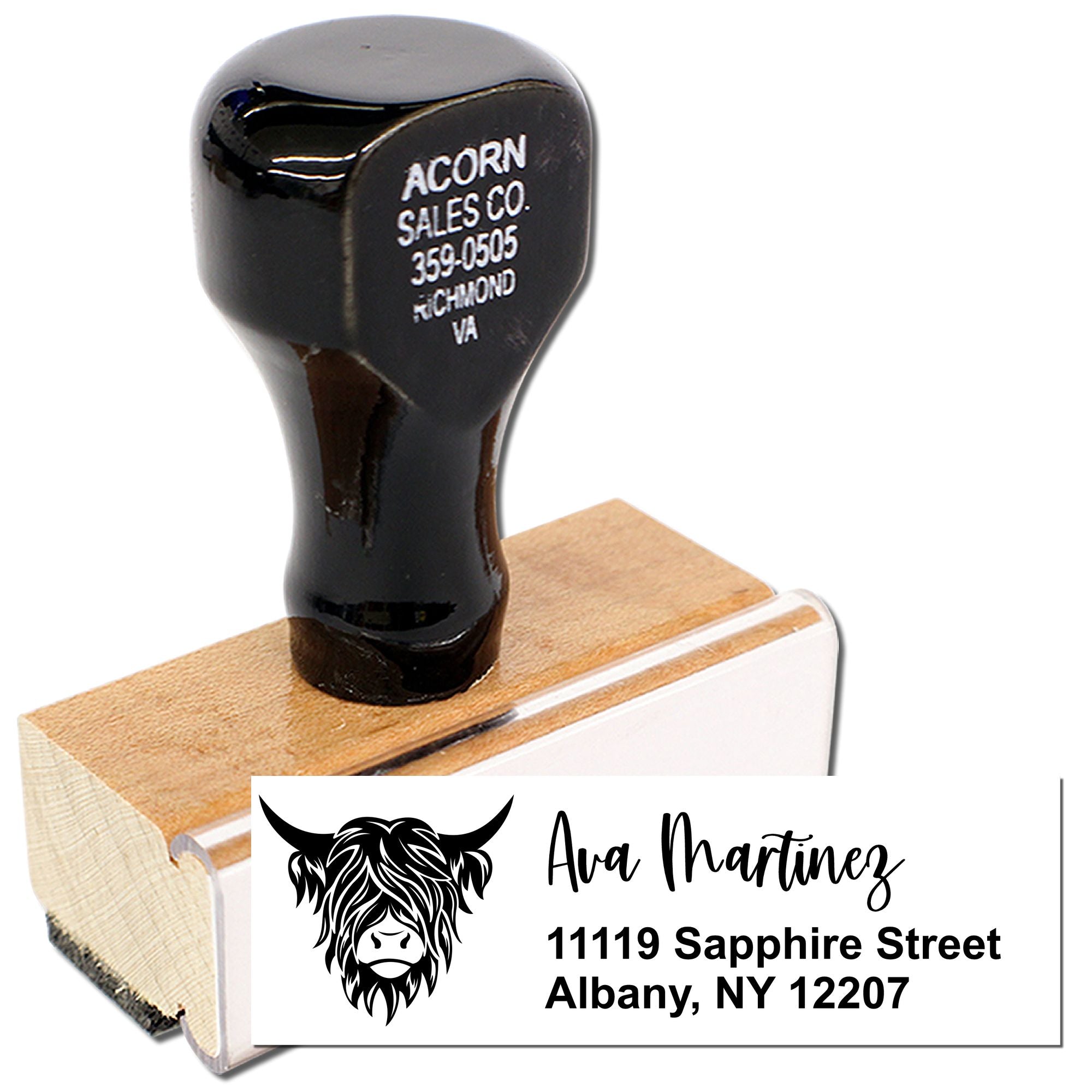 Custom rubber address stamp with bull logo, featuring Ava Martinez and Albany, NY return address on wooden stamp.
