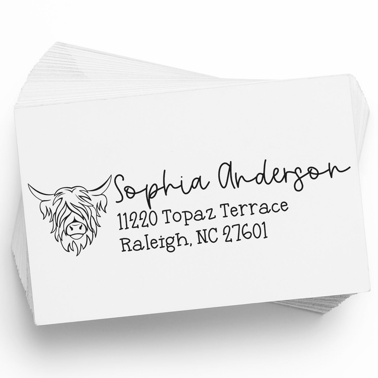 Personalized Highland cow return address rubber stamp for Sophia Anderson, Raleigh, NC