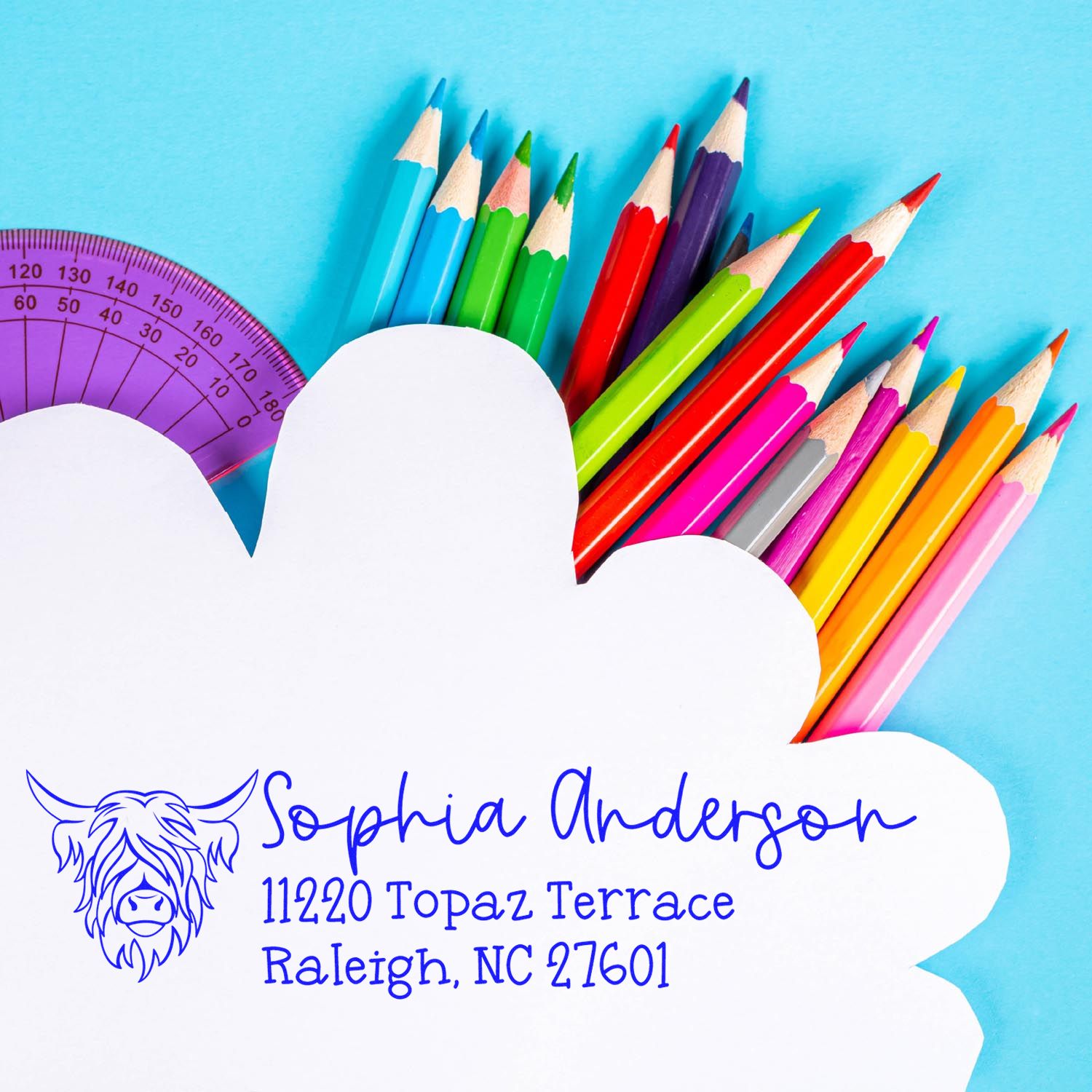 Custom return address rubber stamp for Sophia Anderson with bull logo, Raleigh NC address, ideal for school or craft use.