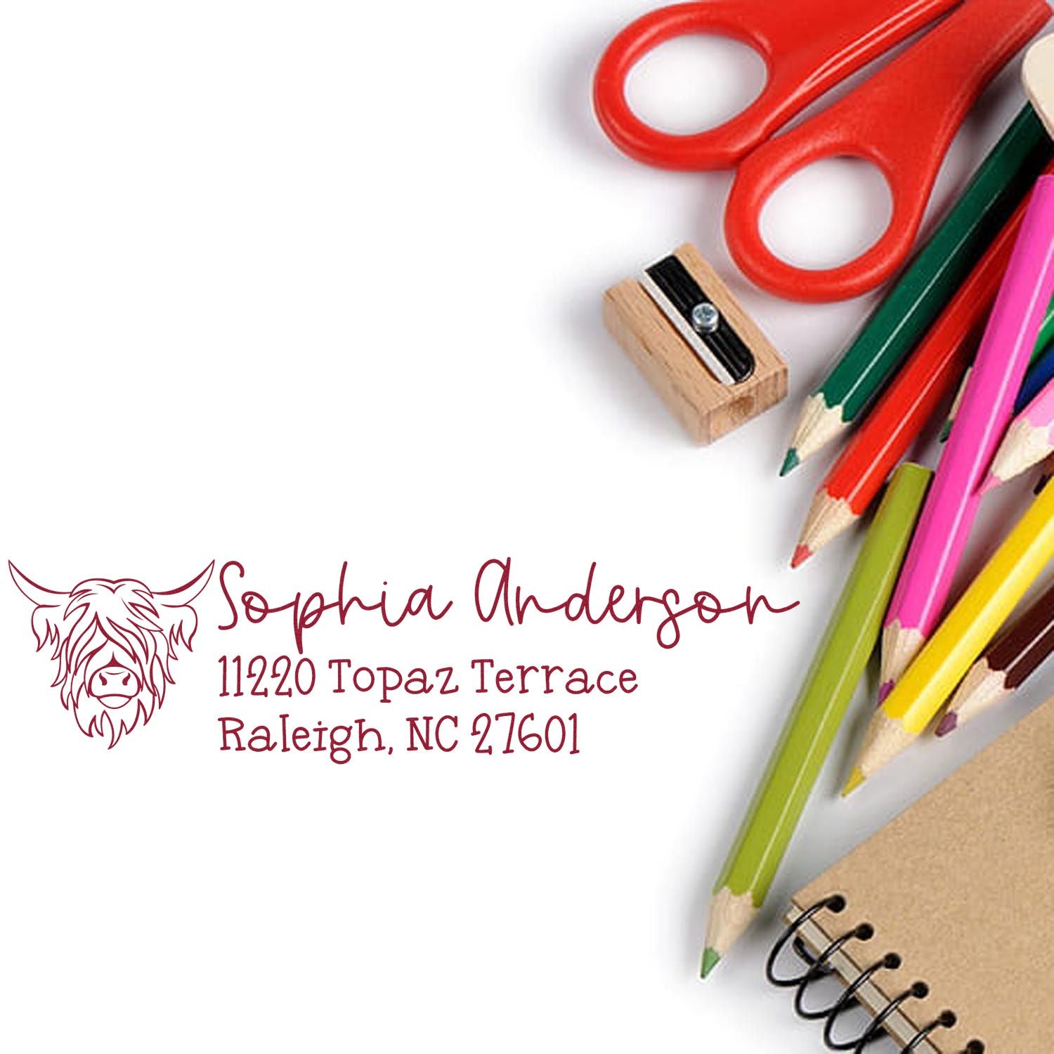 Custom return address rubber stamp with personalized name and address, shown with stationery supplies for mailing and organizing.