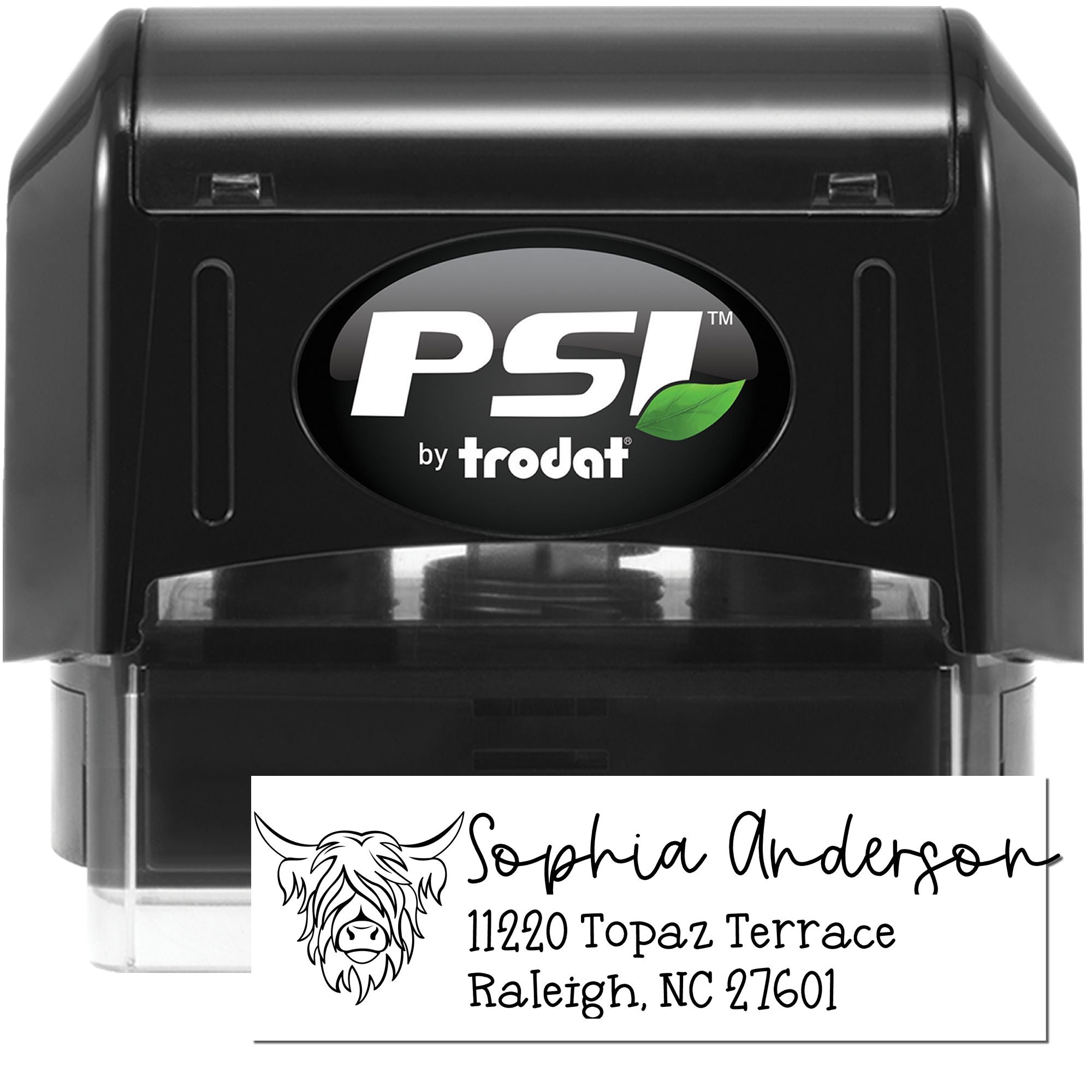 Custom self-inking PSI by Trodat address stamp with cow logo and name, ideal for personalized rubber stamp mailings.