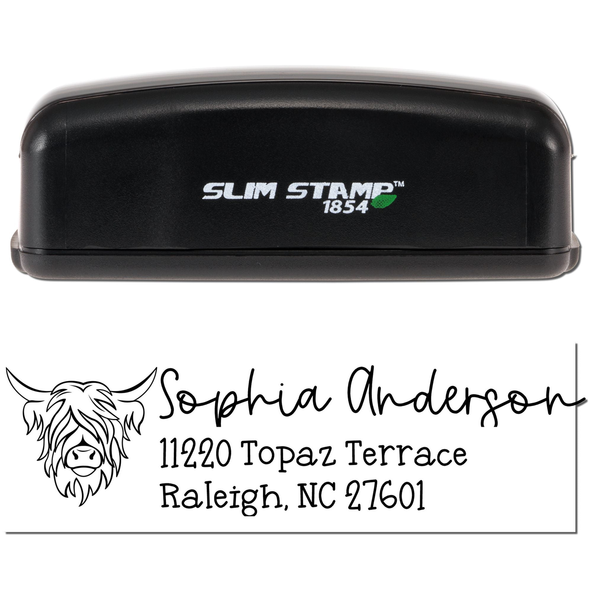 Custom Slim Stamp 1854 self-inking rubber address stamp with highland cow logo and name for personalized return mailing.