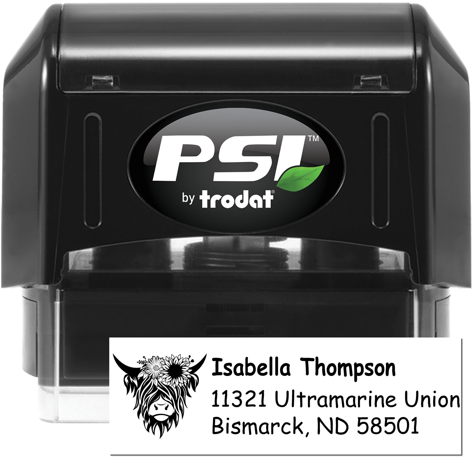 PSI by Trodat self-inking custom address rubber stamp with floral cow logo, name, and mailing address imprint.