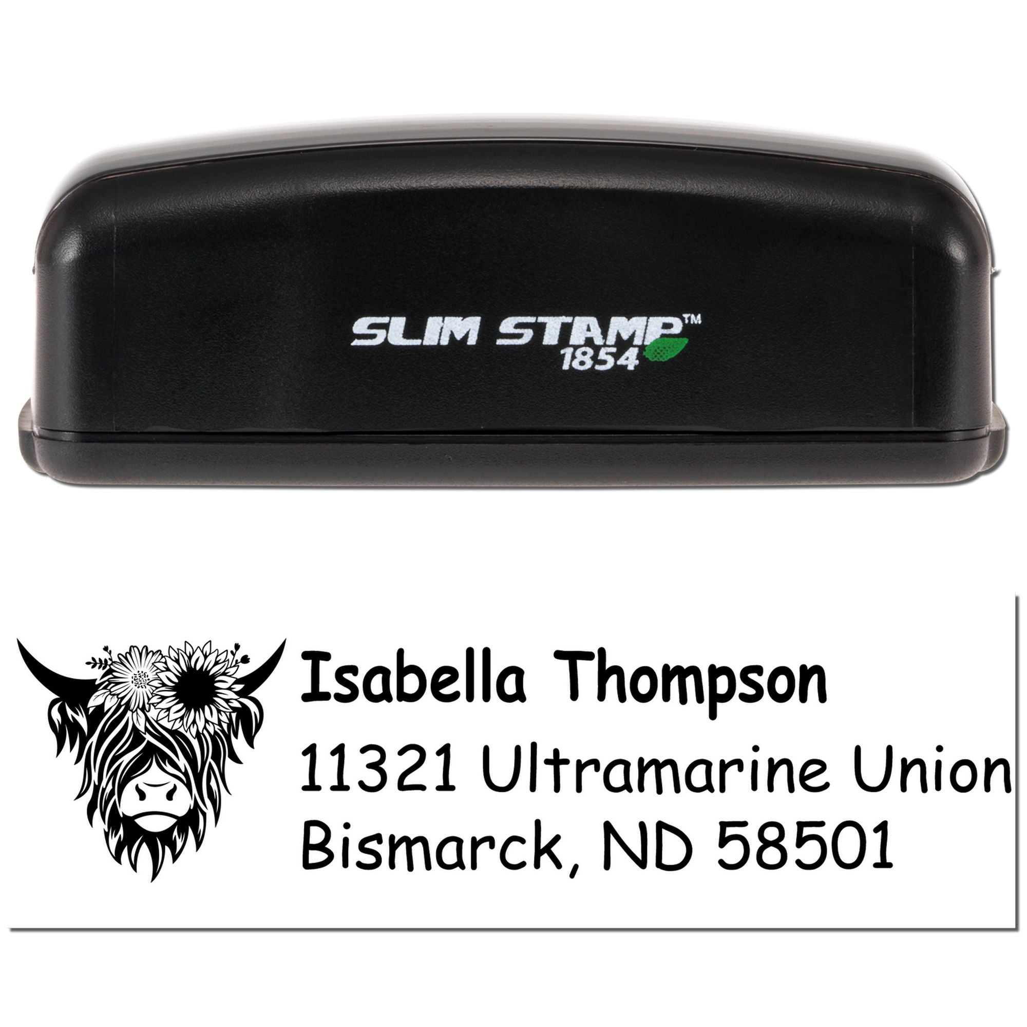 Custom self-inking rubber stamp with cow logo and return address for Isabella Thompson, Bismarck, ND.