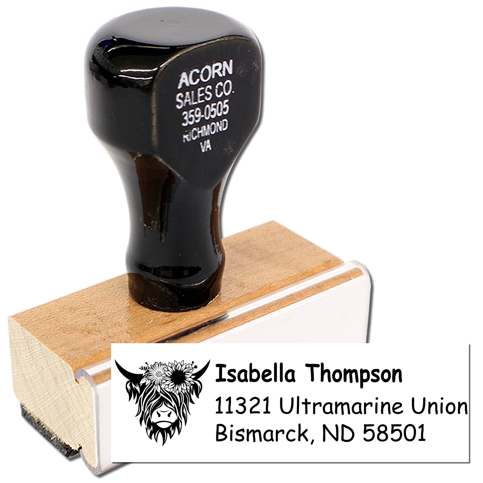 Custom self-inking rubber stamp with cow logo and return address for Isabella Thompson, Bismarck, ND.