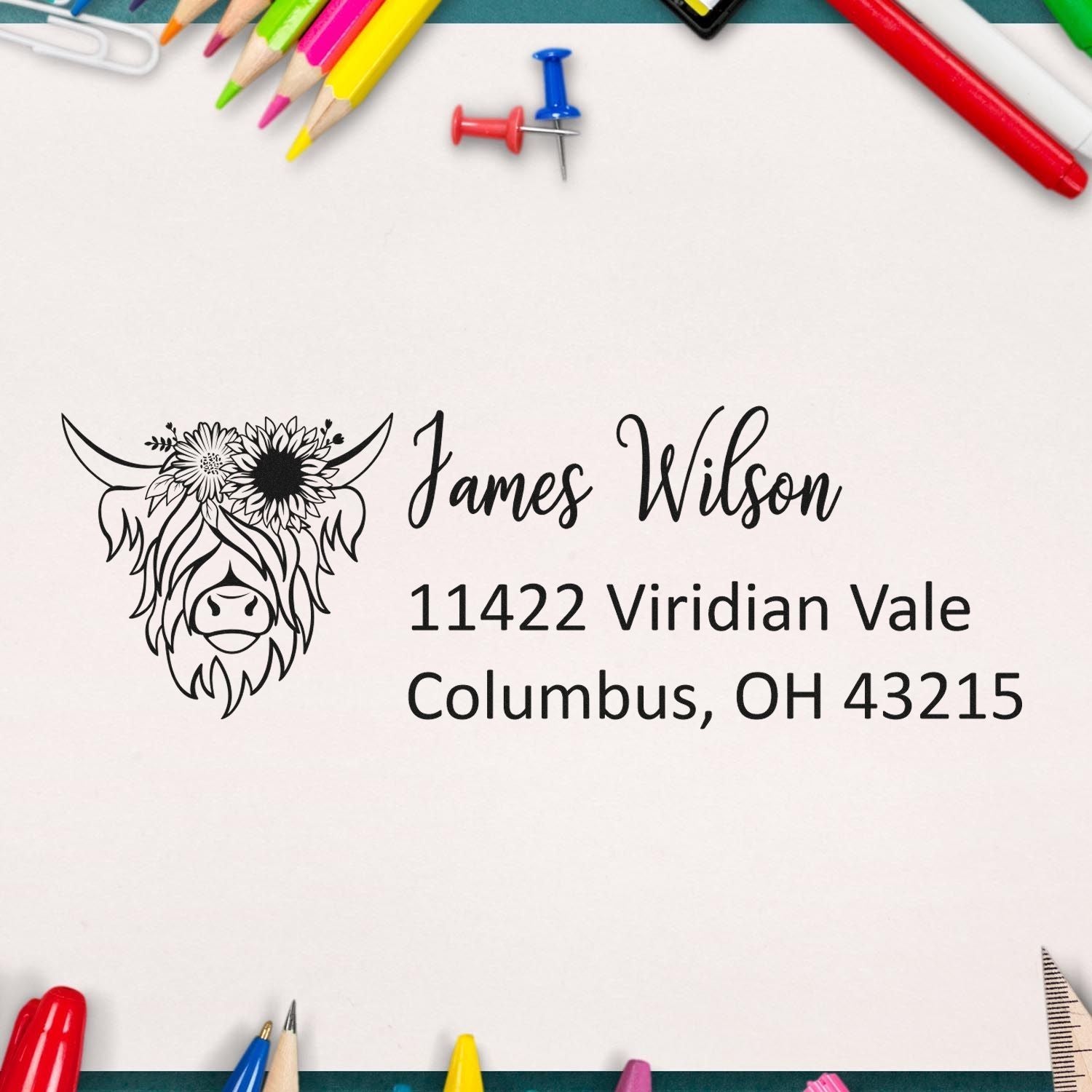 Custom return address rubber stamp with floral cow design, name, and Columbus, OH address for personalized mail.
