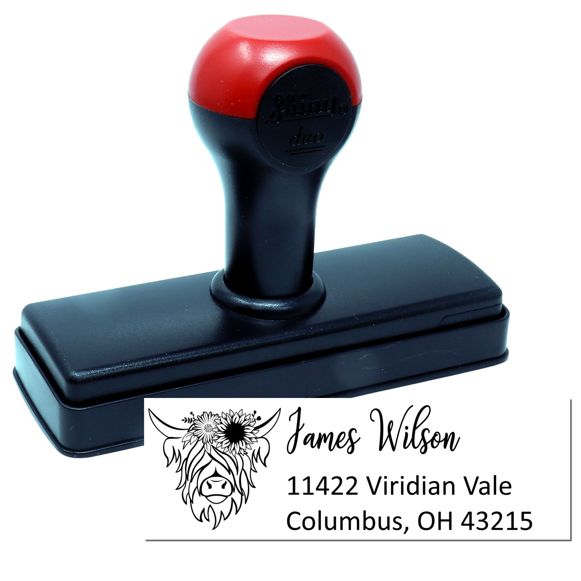 Custom self-inking rubber address stamp with personalized name and address for envelopes, business mail, and return addresses.