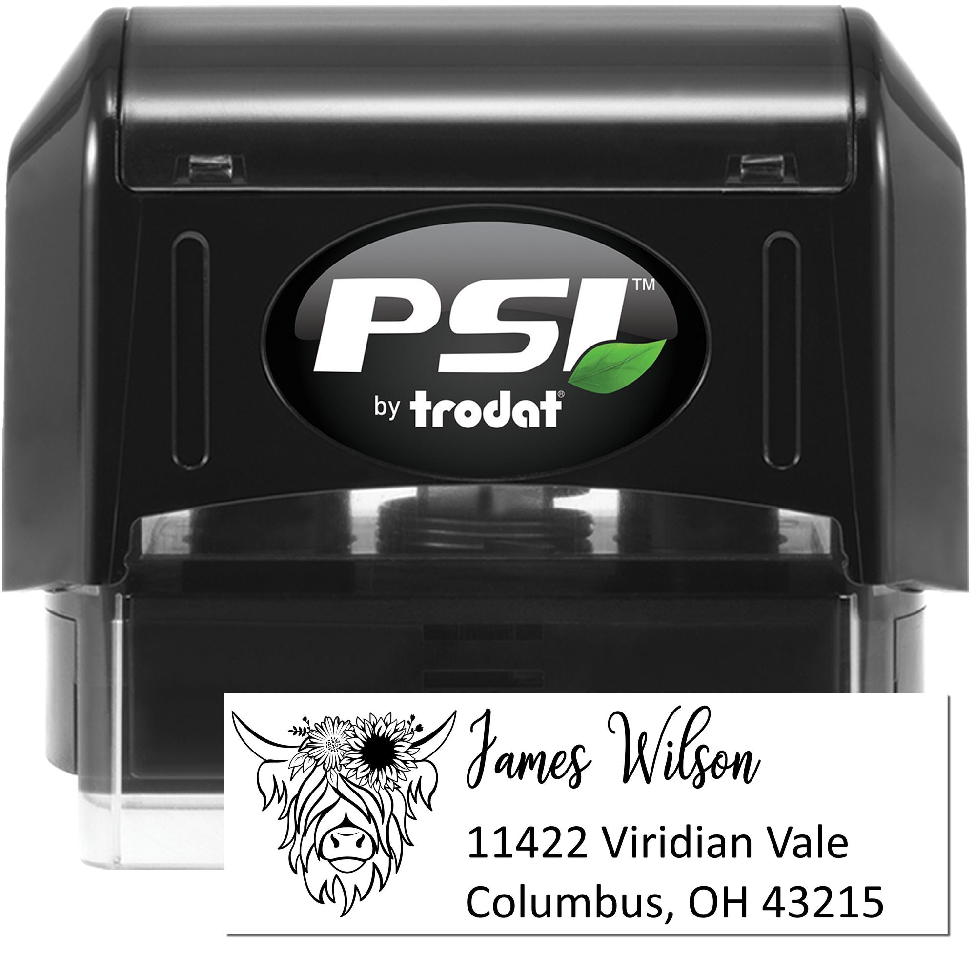 Custom address rubber stamp for James Wilson, Columbus OH, with cow design, PSI by Trodat self-inking stamp