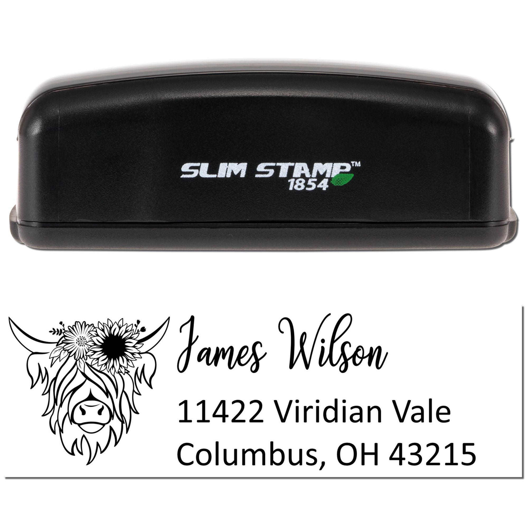 Personalized return address rubber stamp with floral cow design for James Wilson, Columbus, OH 43215.