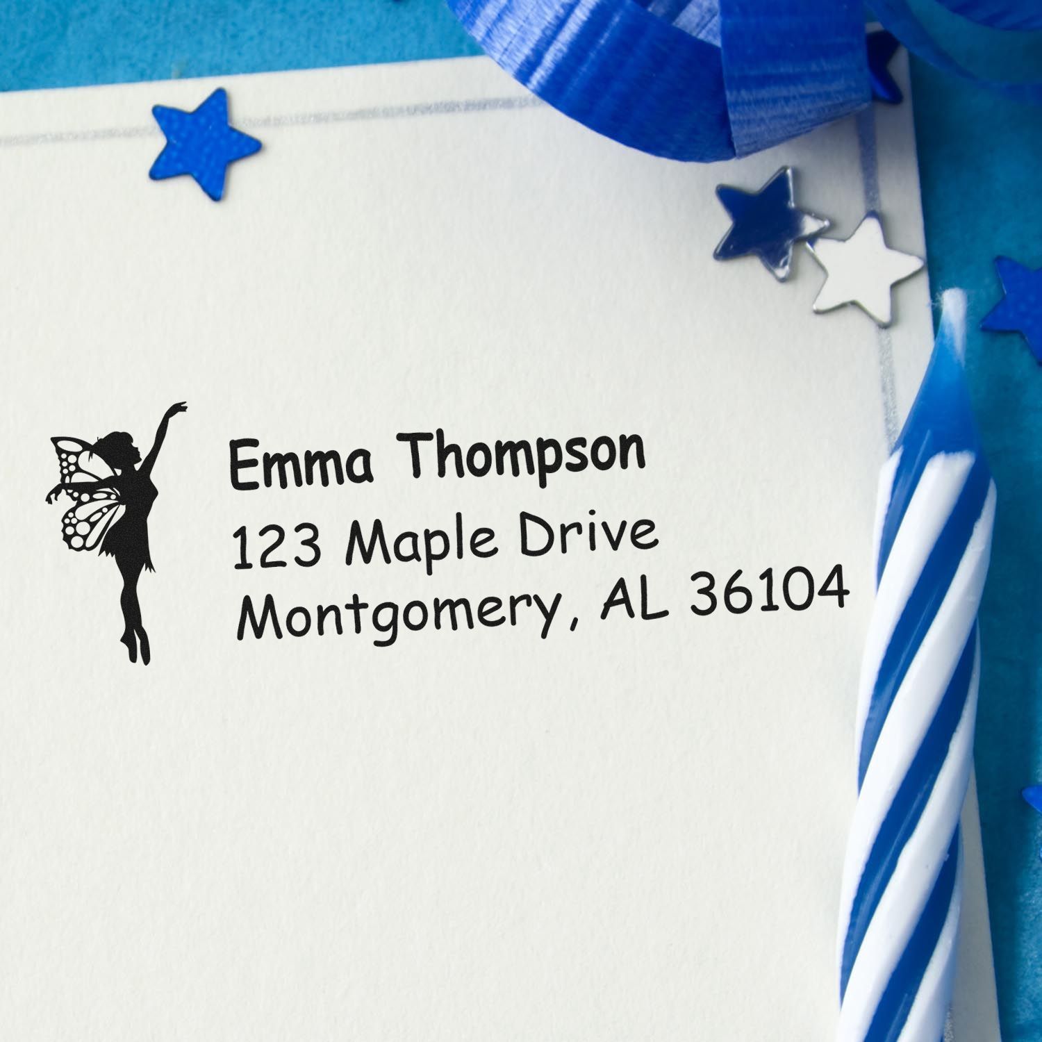 Custom fairy return address rubber stamp with name and address, ideal for personalized envelopes and invitations.