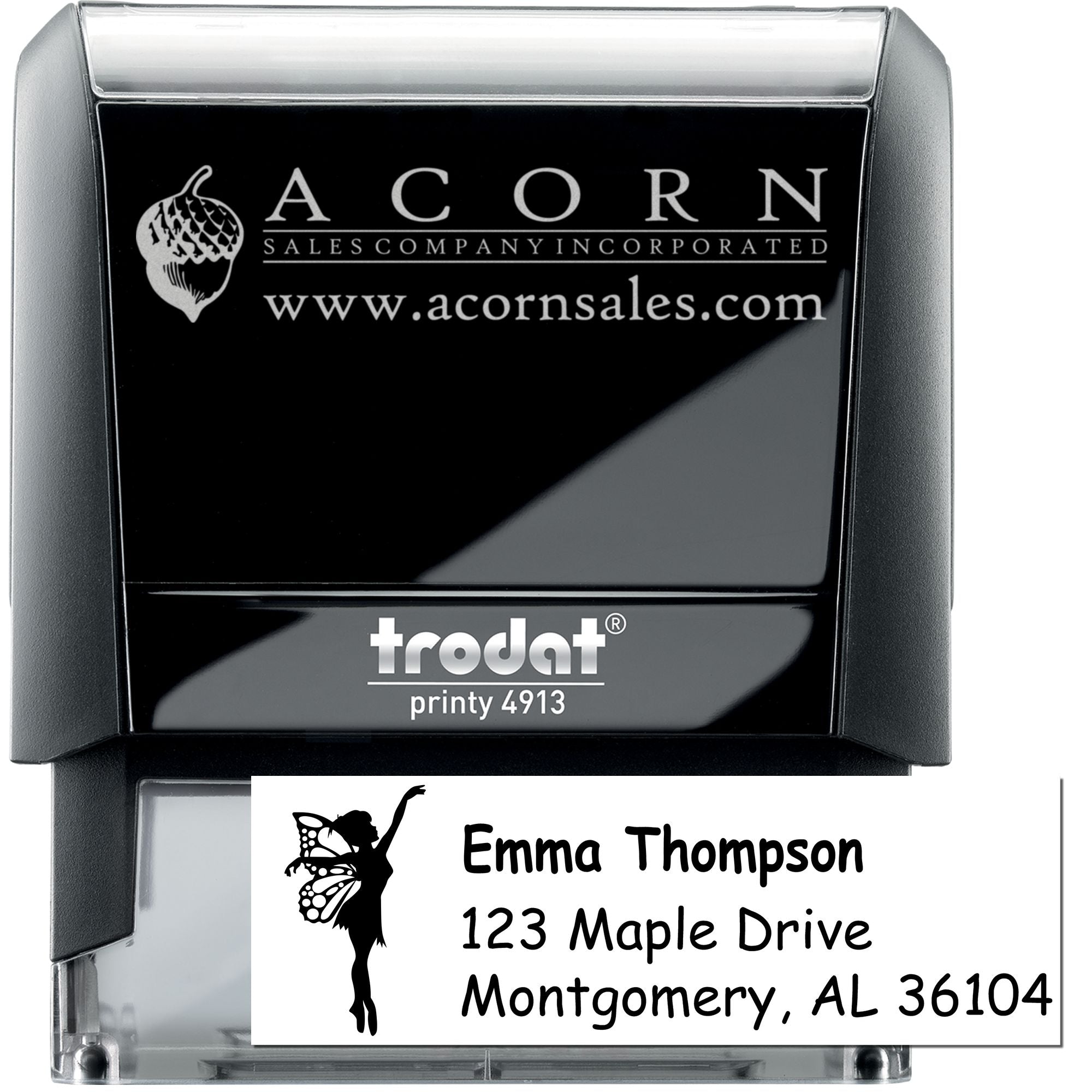 Trodat Printy custom self-inking rubber address stamp with personalized return address text for business mailing.