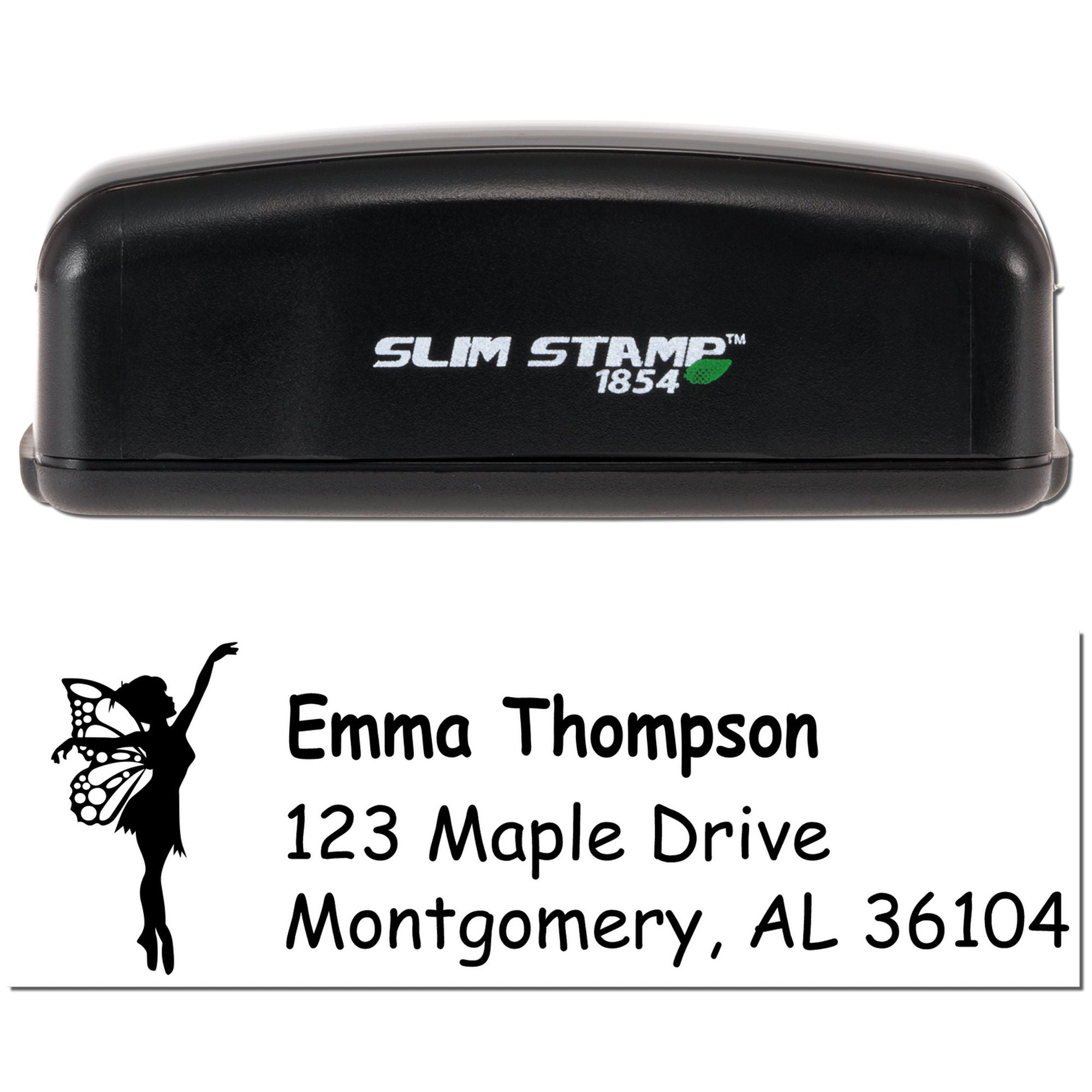Slim Stamp 1854 custom self-inking address rubber stamp with fairy silhouette and sample mailing address design.