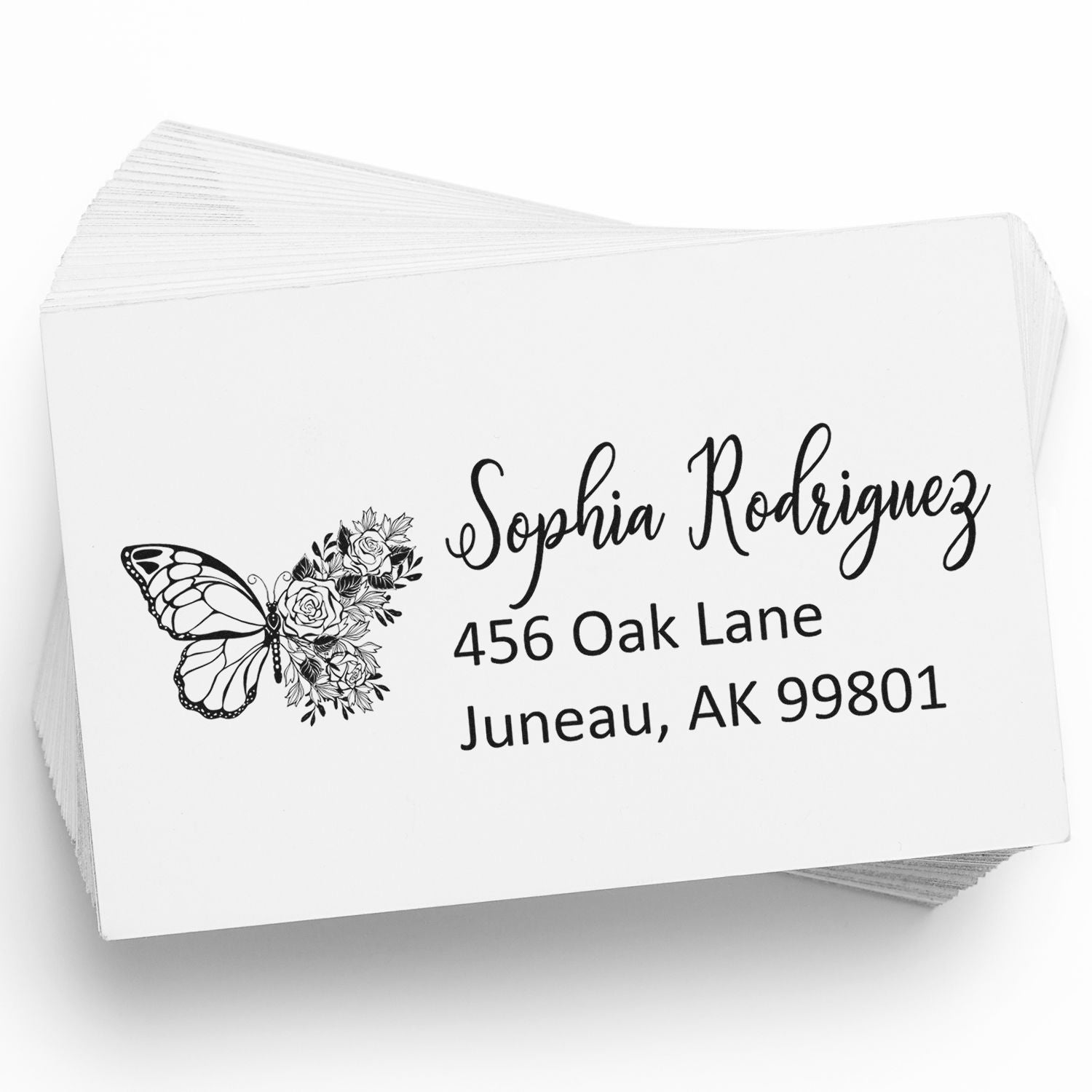 Custom butterfly and floral return address rubber stamp with Sophia Rodriguez, 456 Oak Lane, Juneau, AK 99801