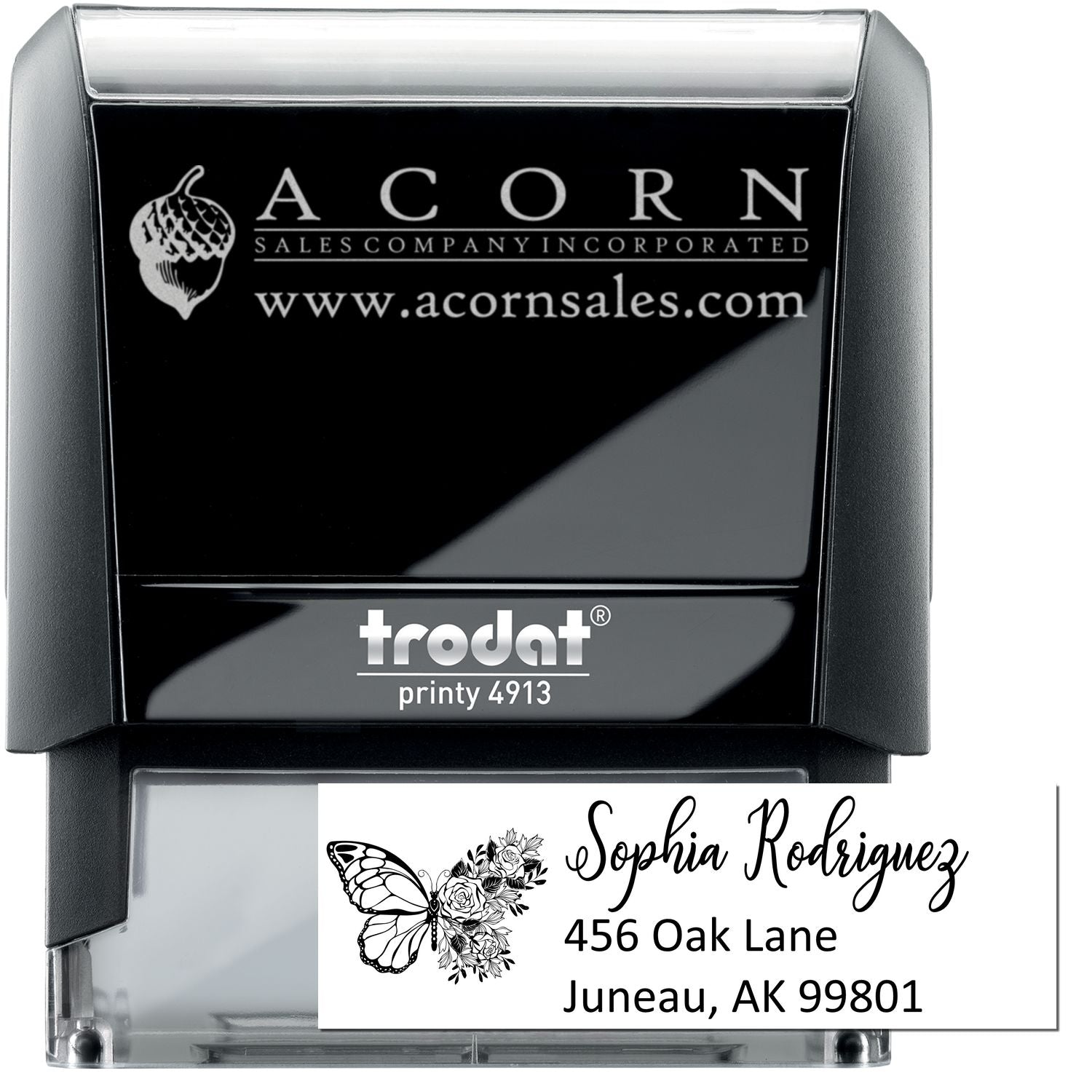 Custom self-inking rubber stamp with logo and address, Trodat Printy 4913, ideal for business branding and mailing.