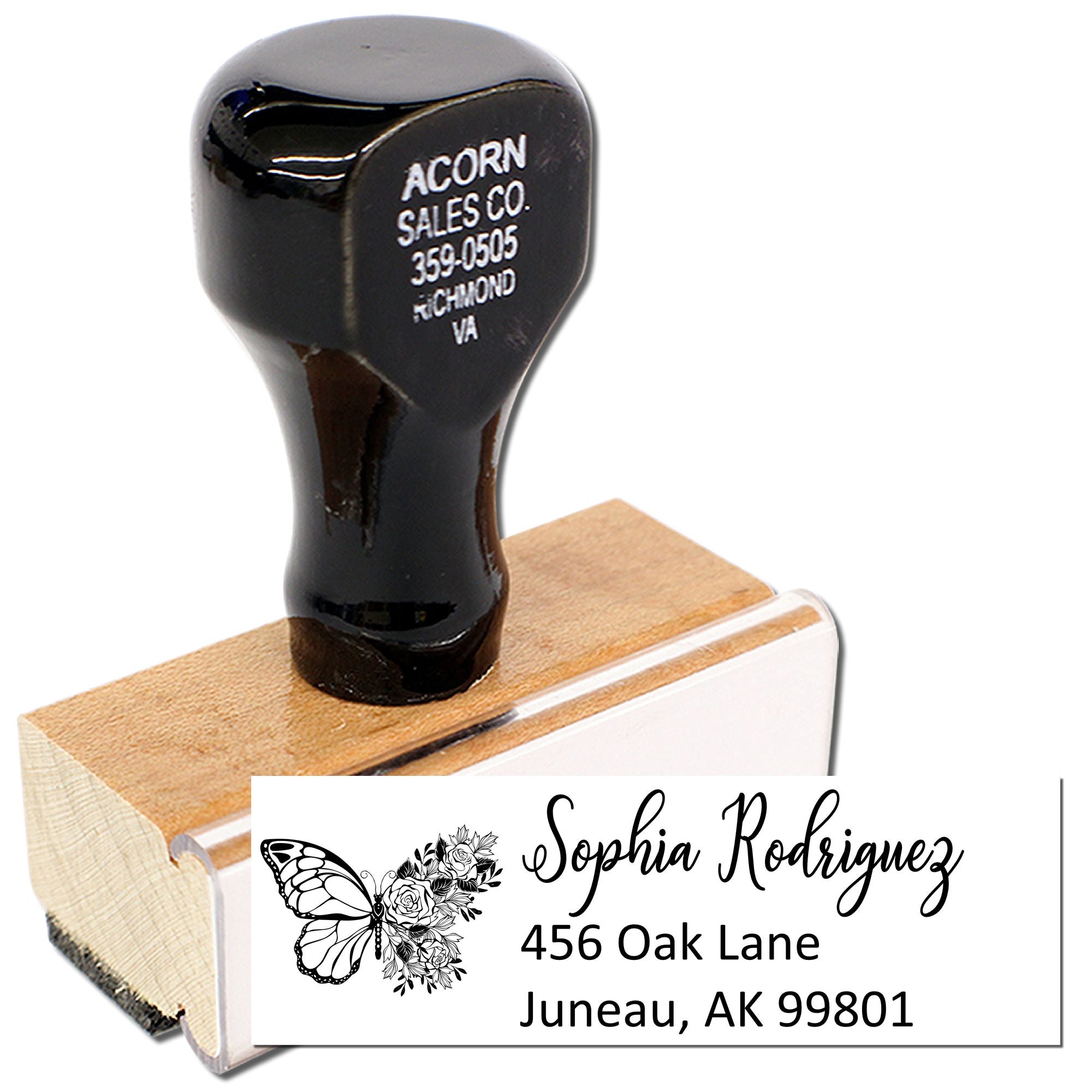 Personalized return address rubber stamp with butterfly floral design for Sophia Rodriguez, Juneau, AK