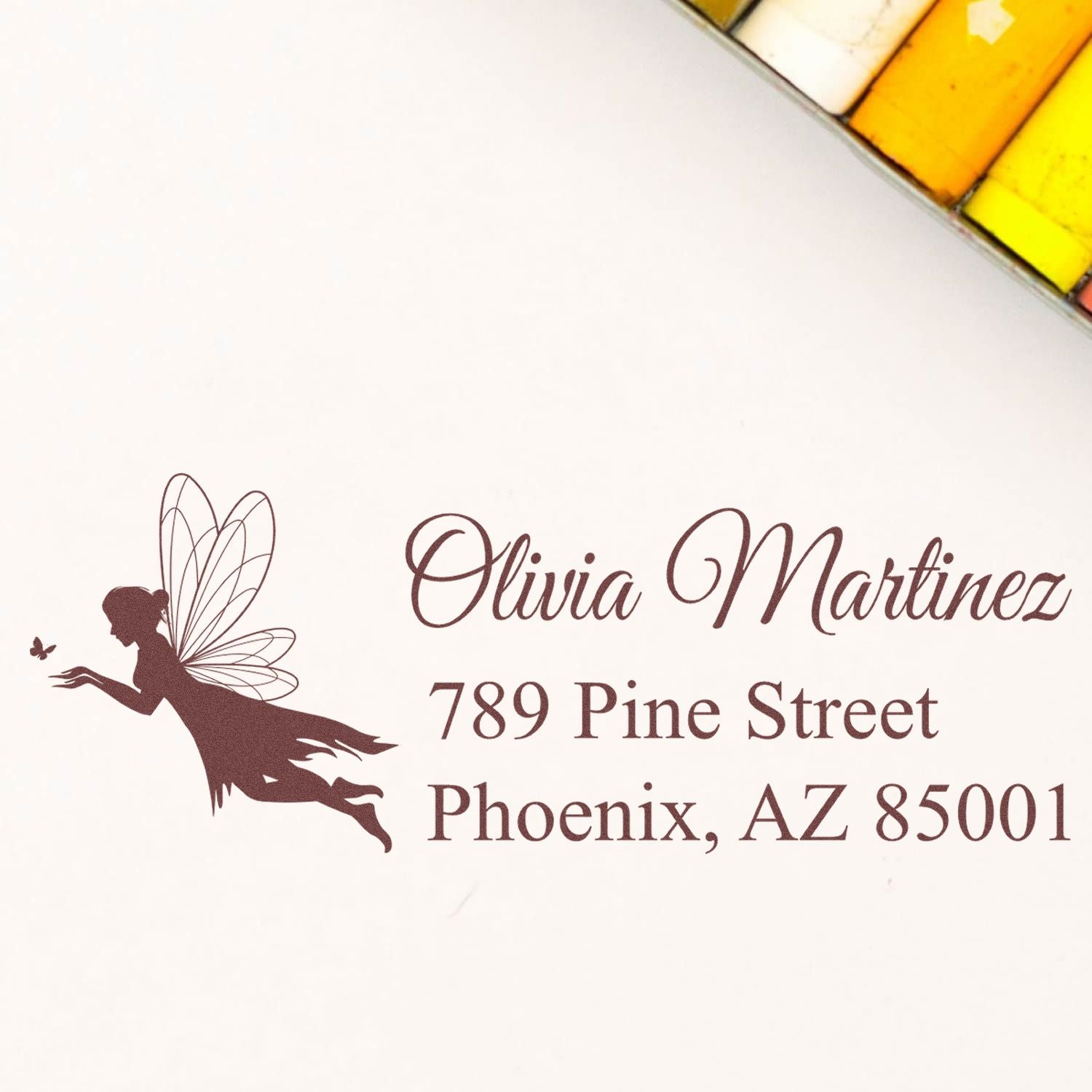Custom fairy address rubber stamp for Olivia Martinez, 789 Pine Street, Phoenix, AZ 85001
