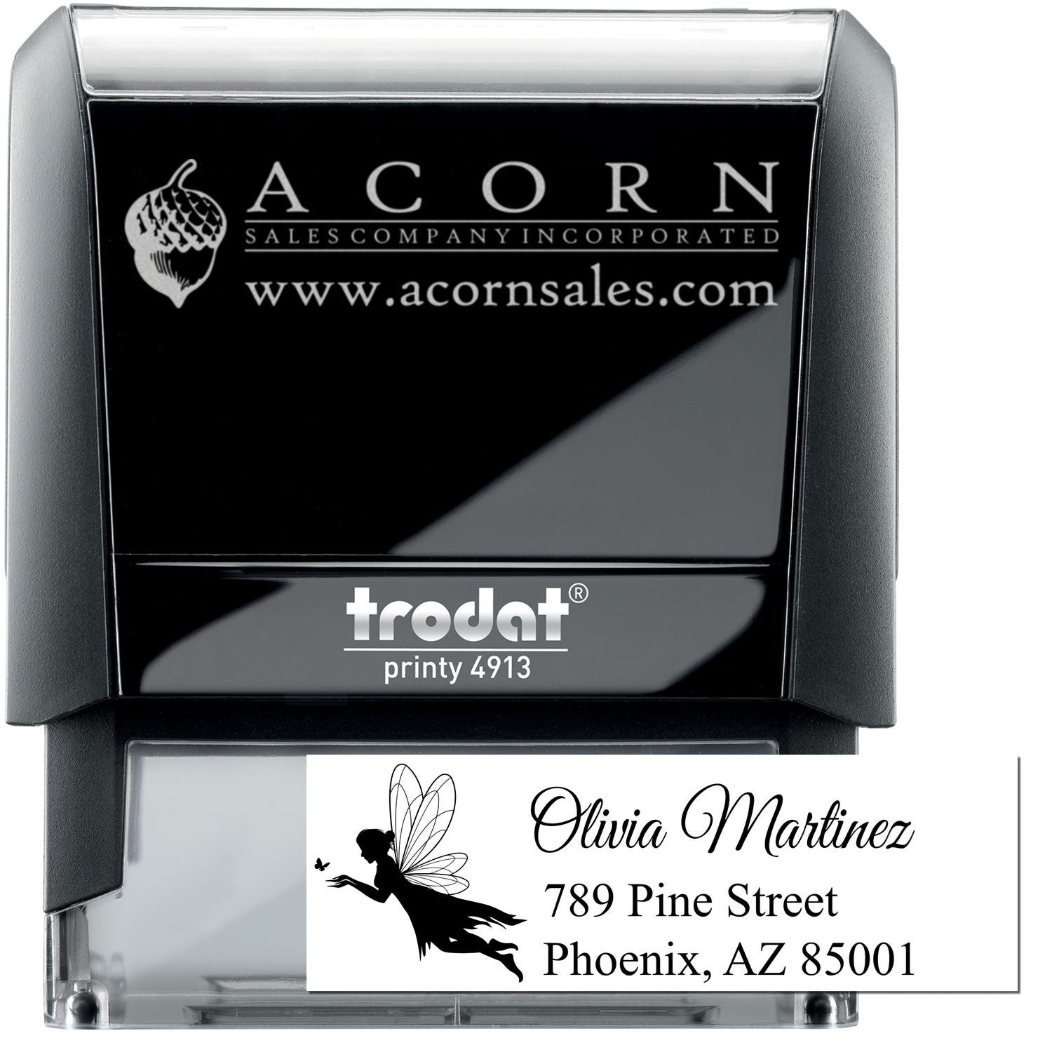 Custom self-inking rubber stamp with business logo and address, Trodat Printy 4913 for professional office use.