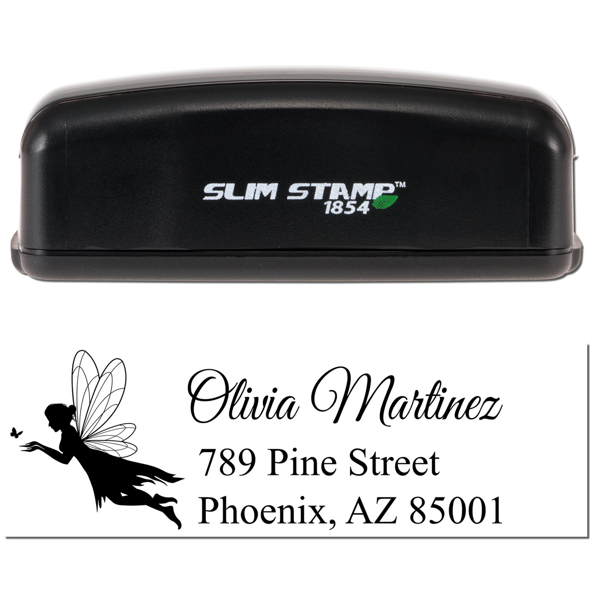 Custom Slim Stamp self-inking rubber address stamp with fairy design for Olivia Martinez, Phoenix, AZ 85001
