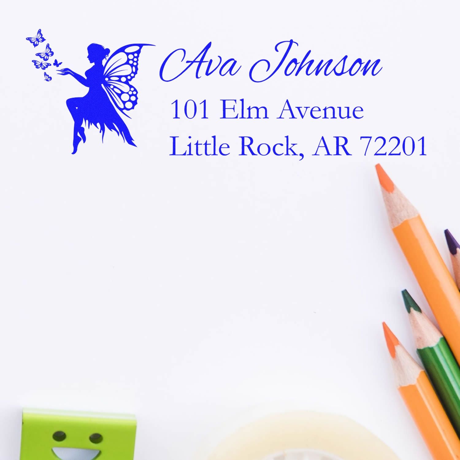 Custom fairy butterfly address rubber stamp for Ava Johnson, 101 Elm Avenue, Little Rock, AR 72201