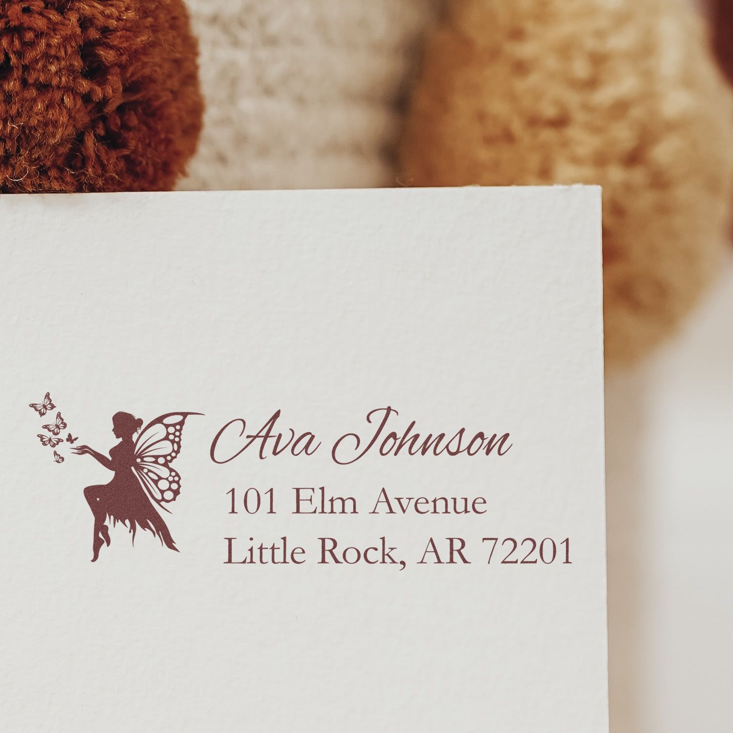 Custom fairy return address rubber stamp with butterflies for Ava Johnson, Little Rock, AR 72201