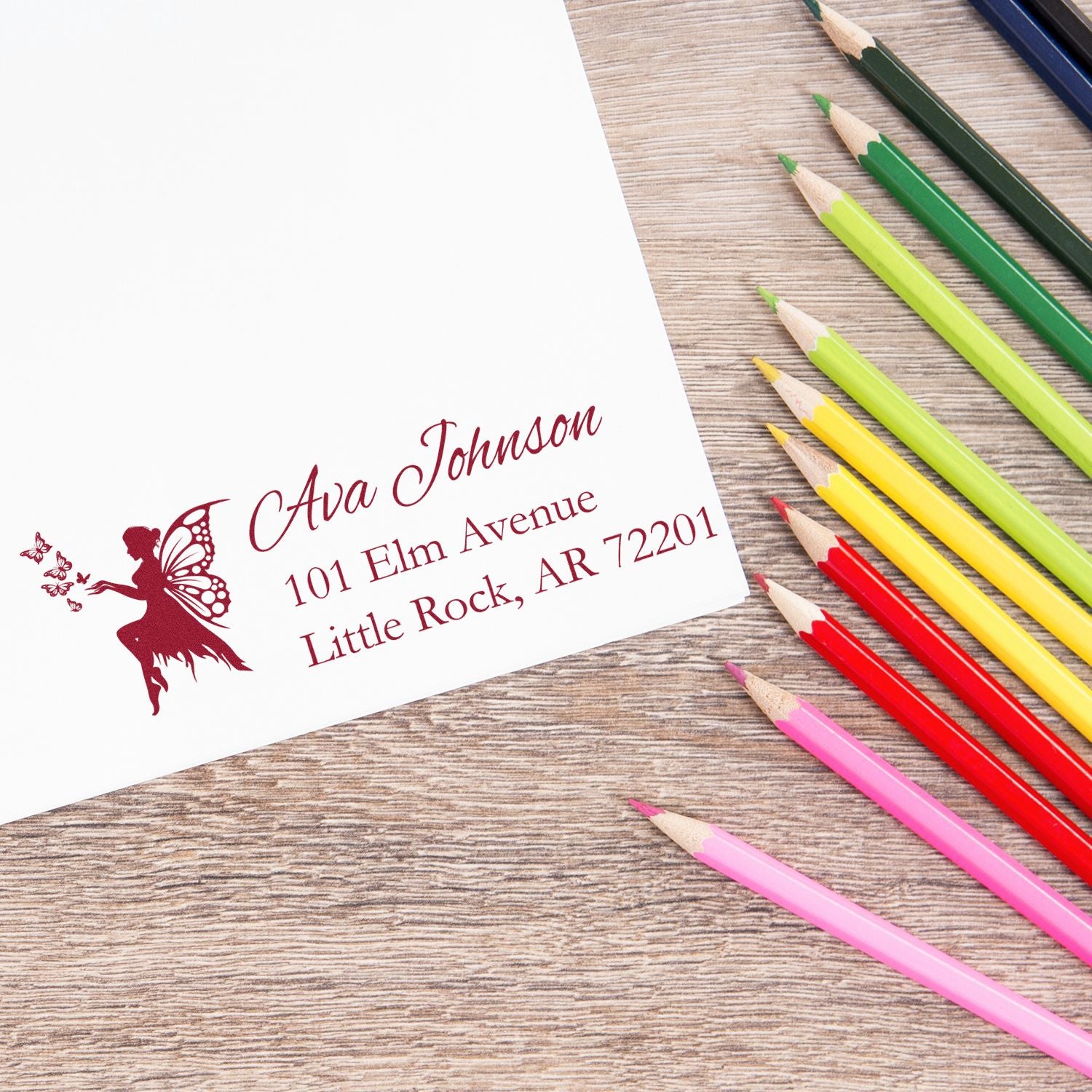 Personalized return address rubber stamp with fairy design, perfect for envelopes, stationery, and wedding invitations.